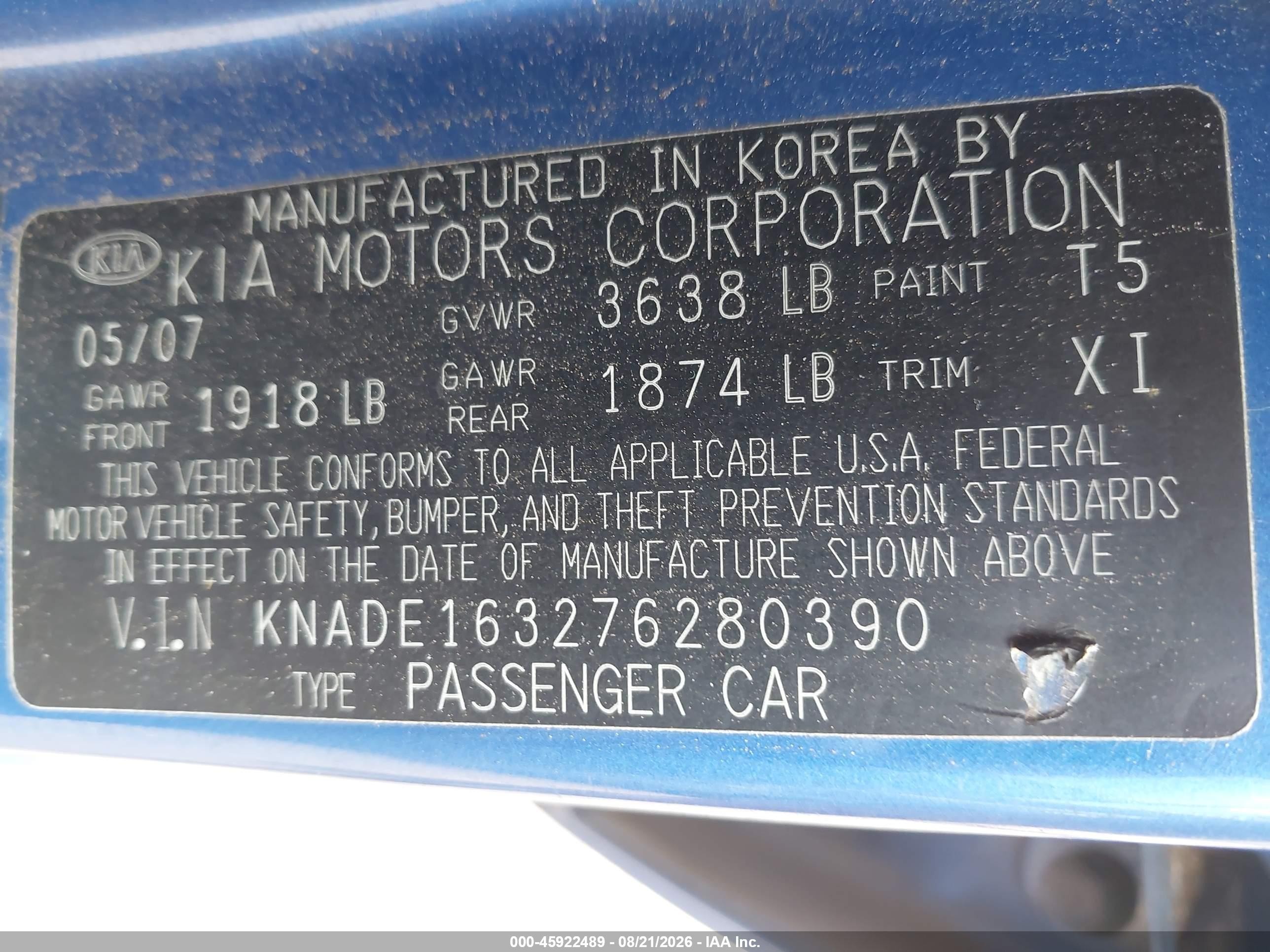 2007 Kia Rio5 Sx Blue vin: KNADE163276280390