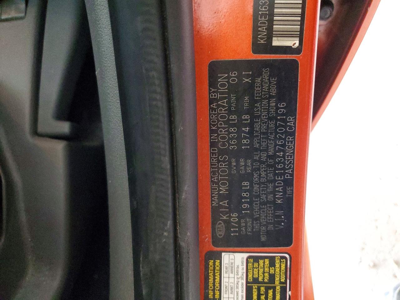 2007 Kia Rio 5 Sx Orange vin: KNADE163476207196