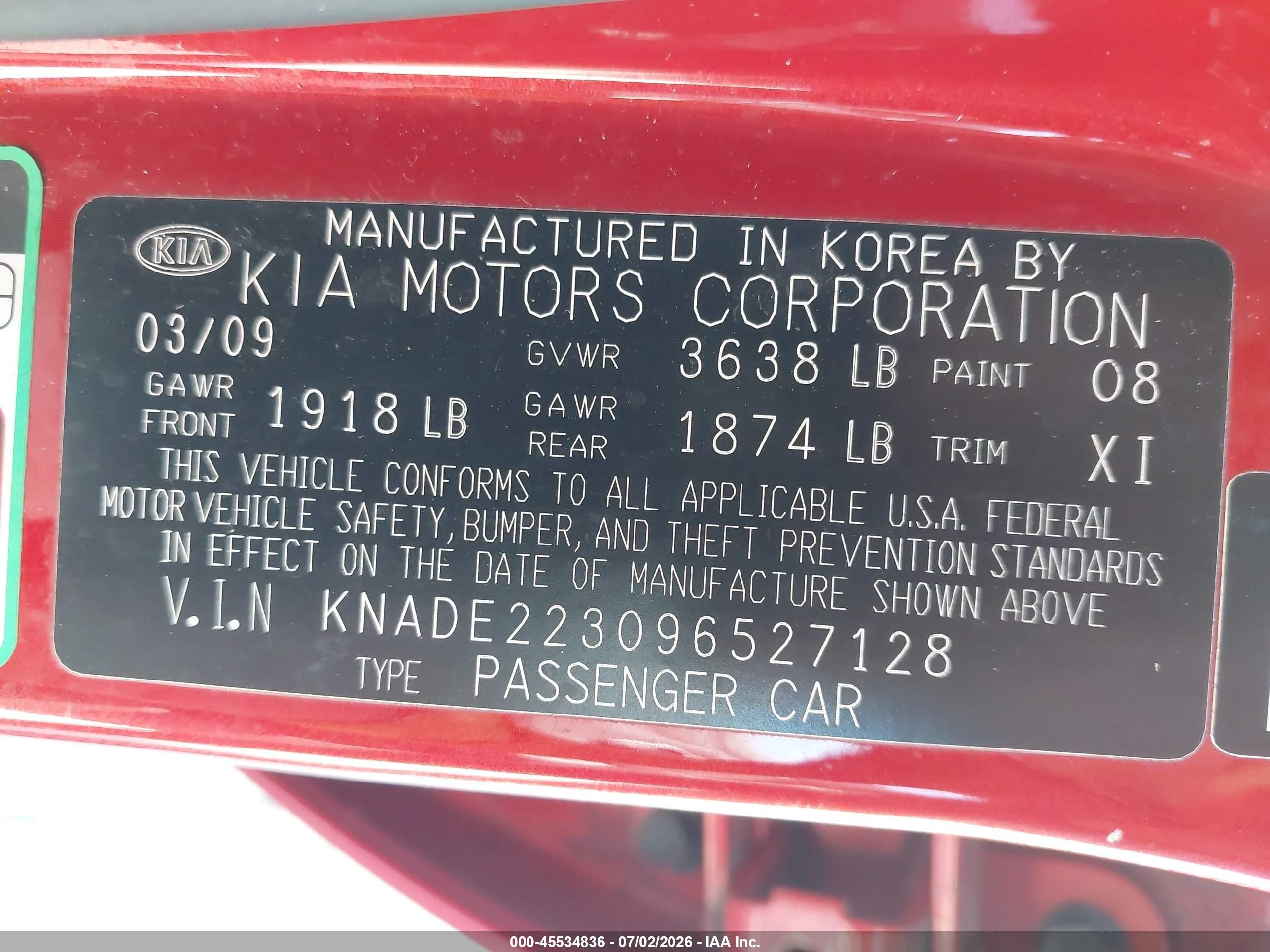 2009 Kia Rio Lx Orange vin: KNADE223096527128