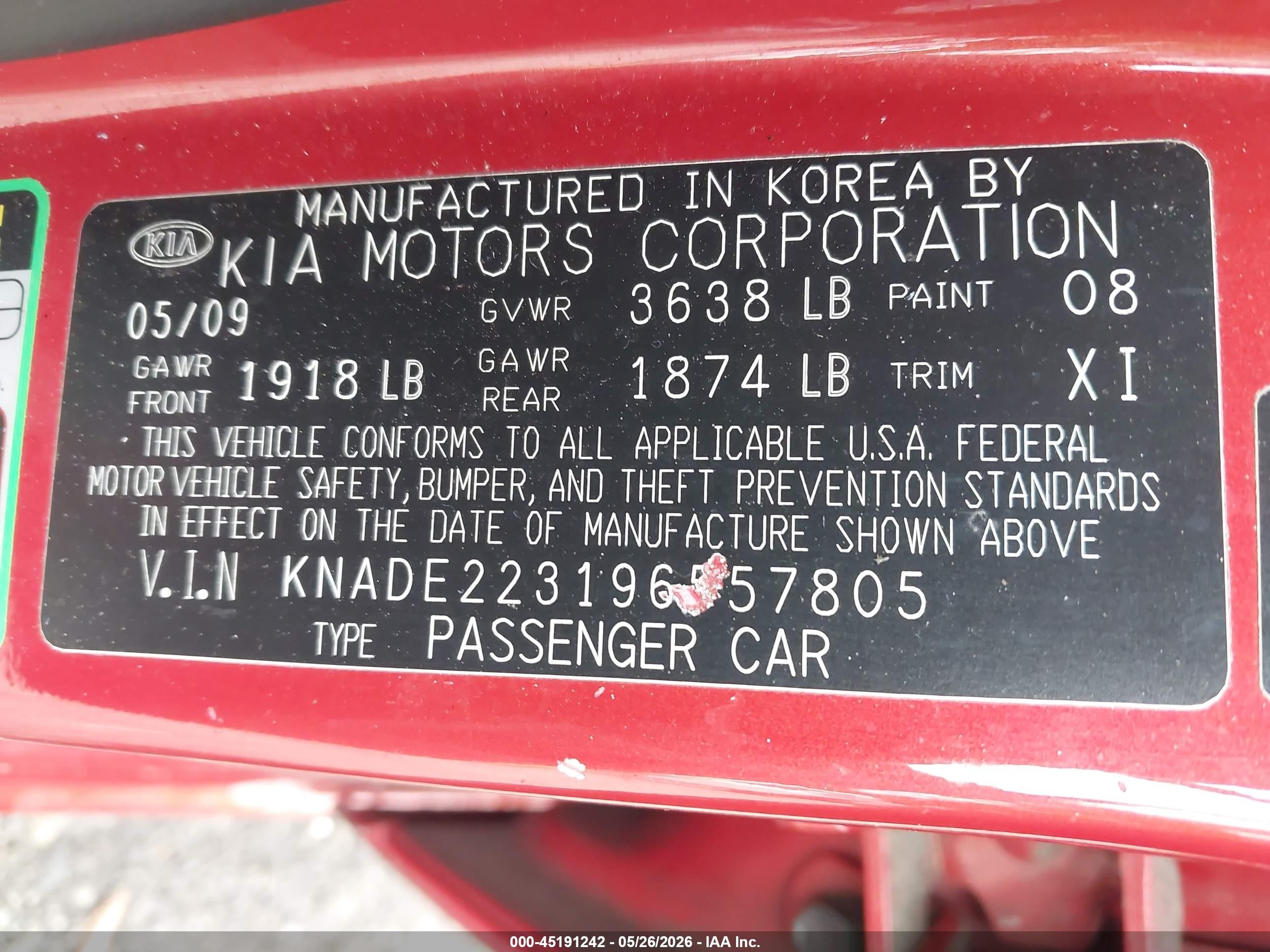 2009 Kia Rio Lx Red vin: KNADE223196557805