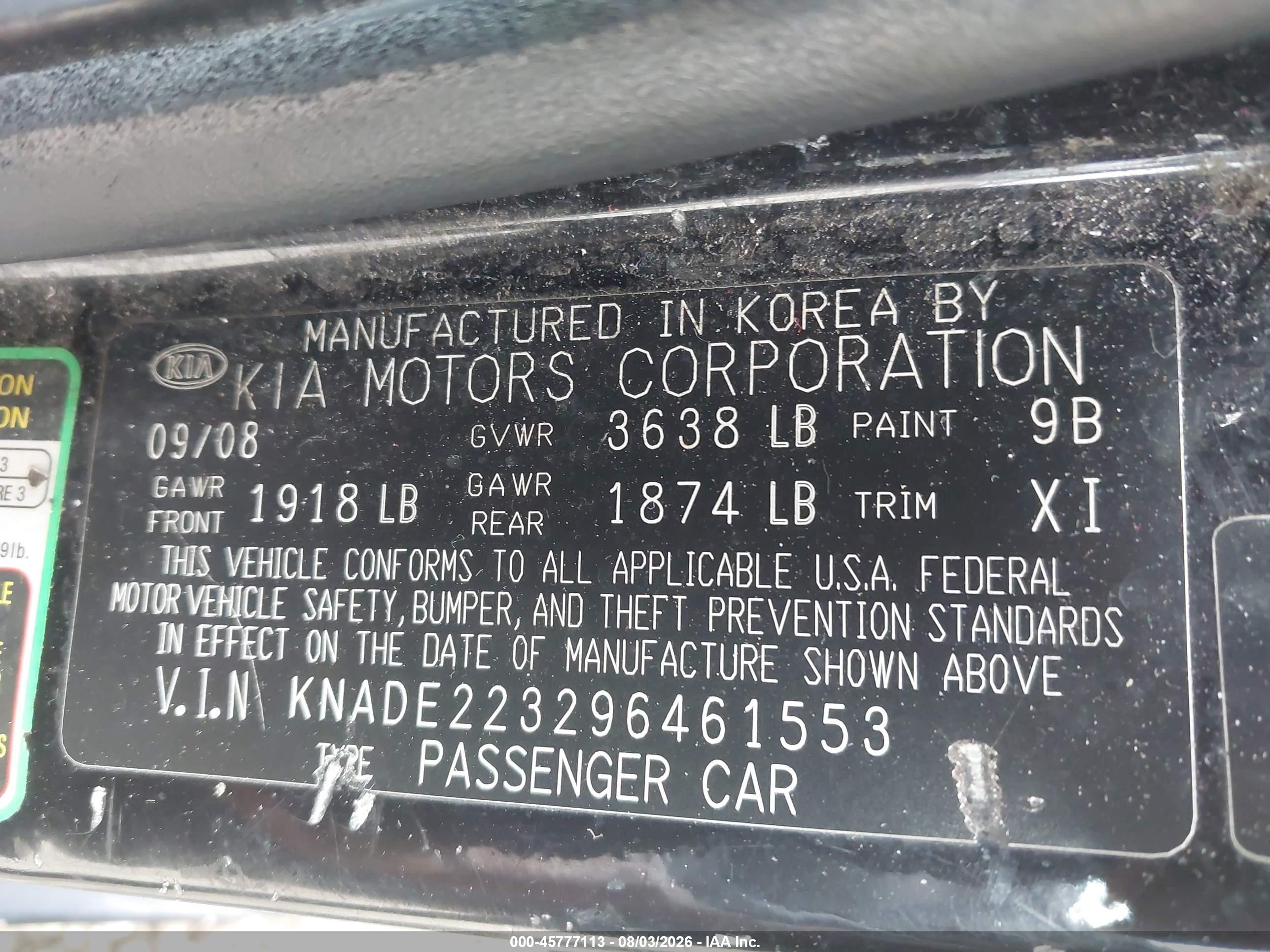 2009 Kia Rio Lx Black vin: KNADE223296461553