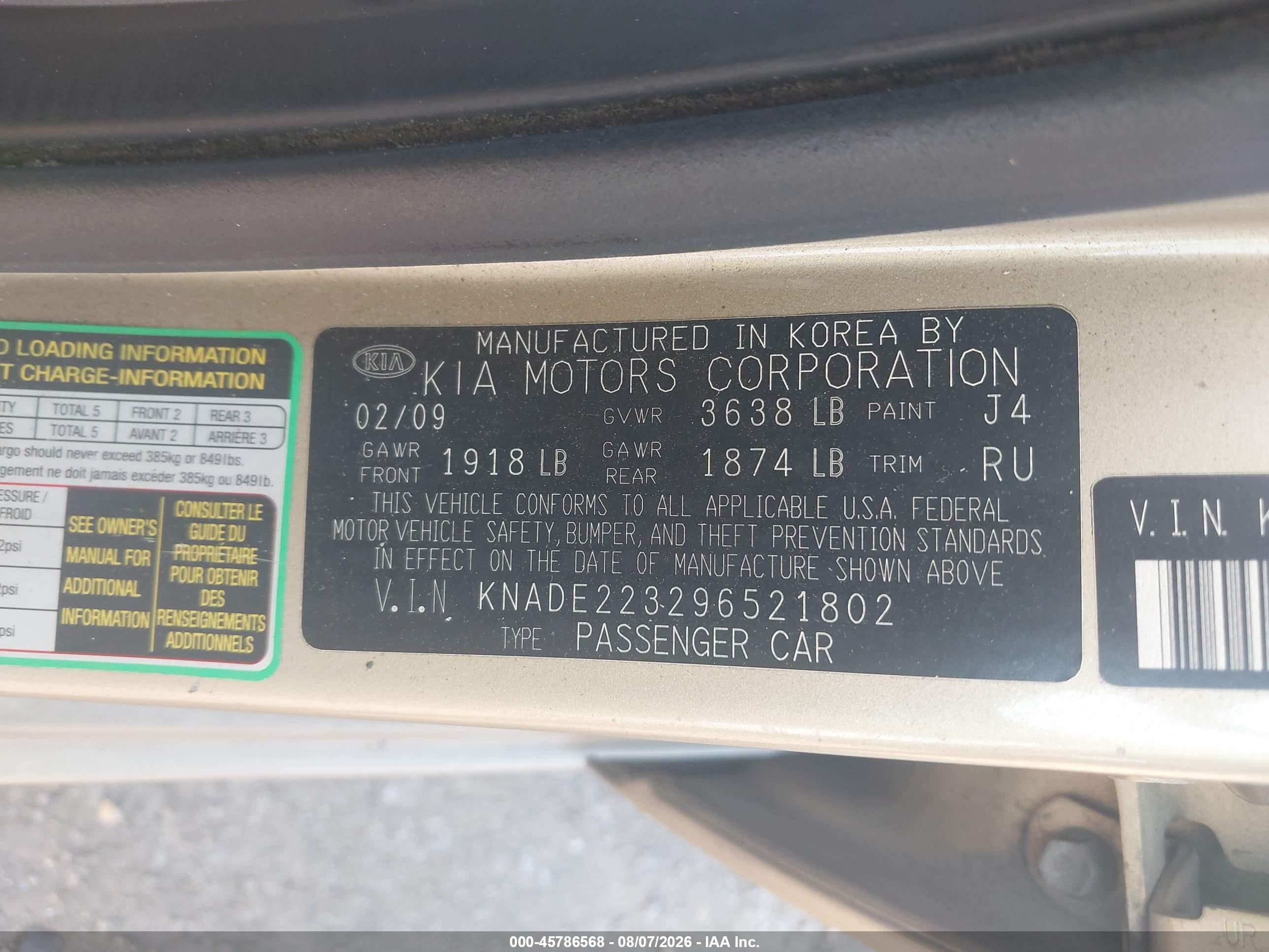 2009 Kia Rio Lx Gold vin: KNADE223296521802