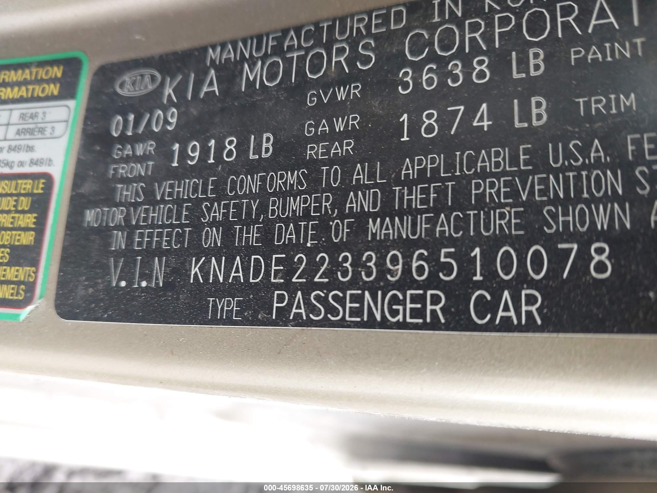 2009 Kia Rio Lx Gold vin: KNADE223396510078