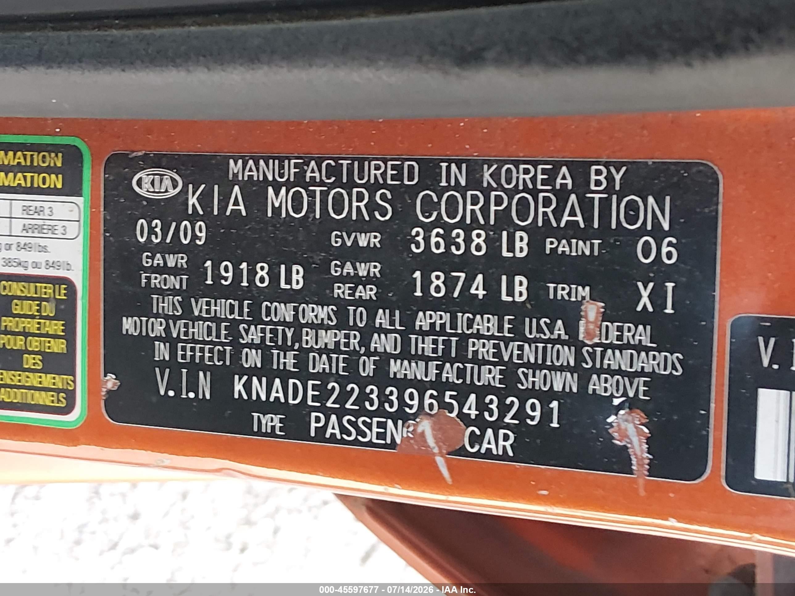 2009 Kia Rio Lx Orange vin: KNADE223396543291