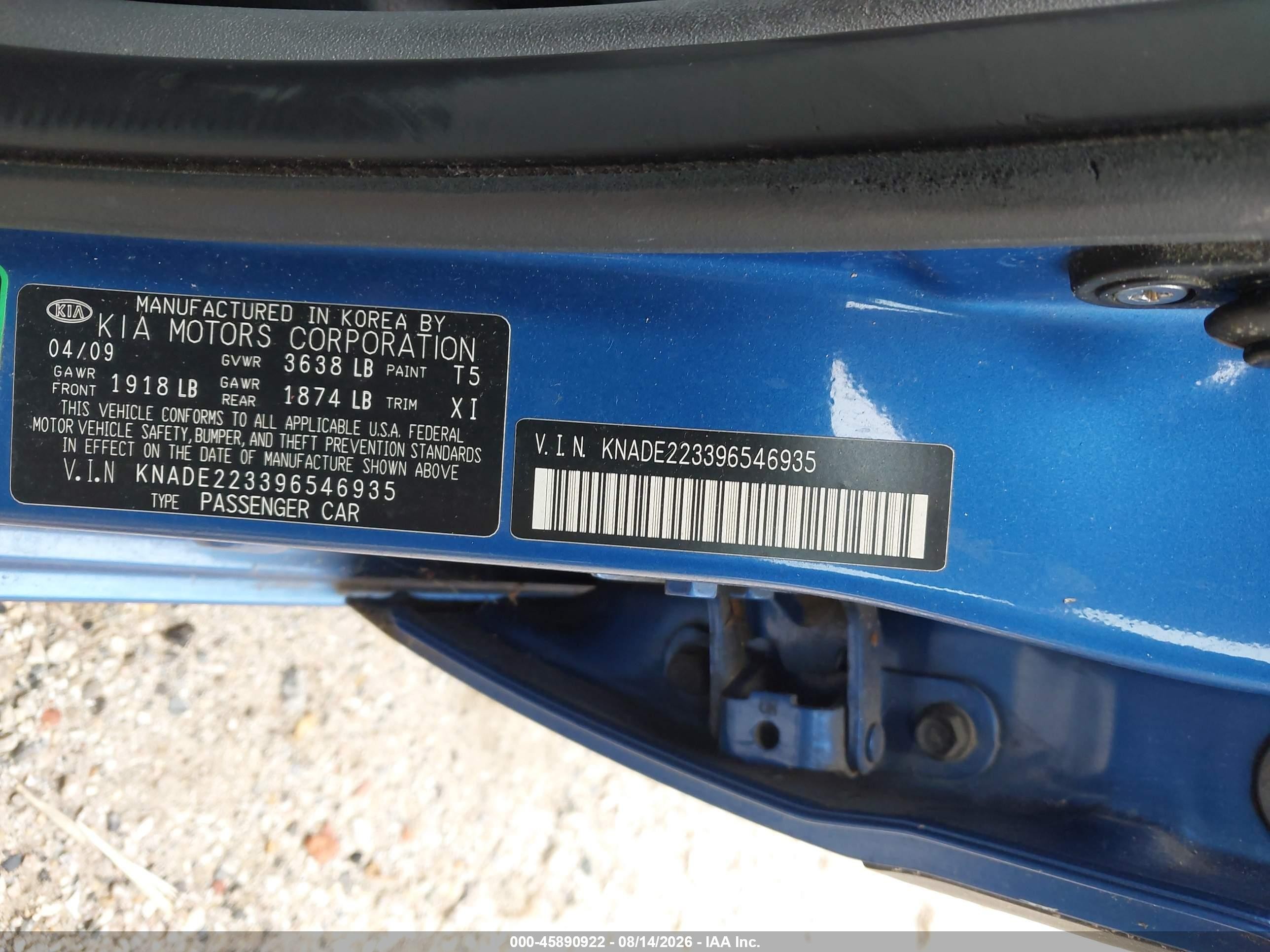 2009 Kia Rio Lx Blue vin: KNADE223396546935