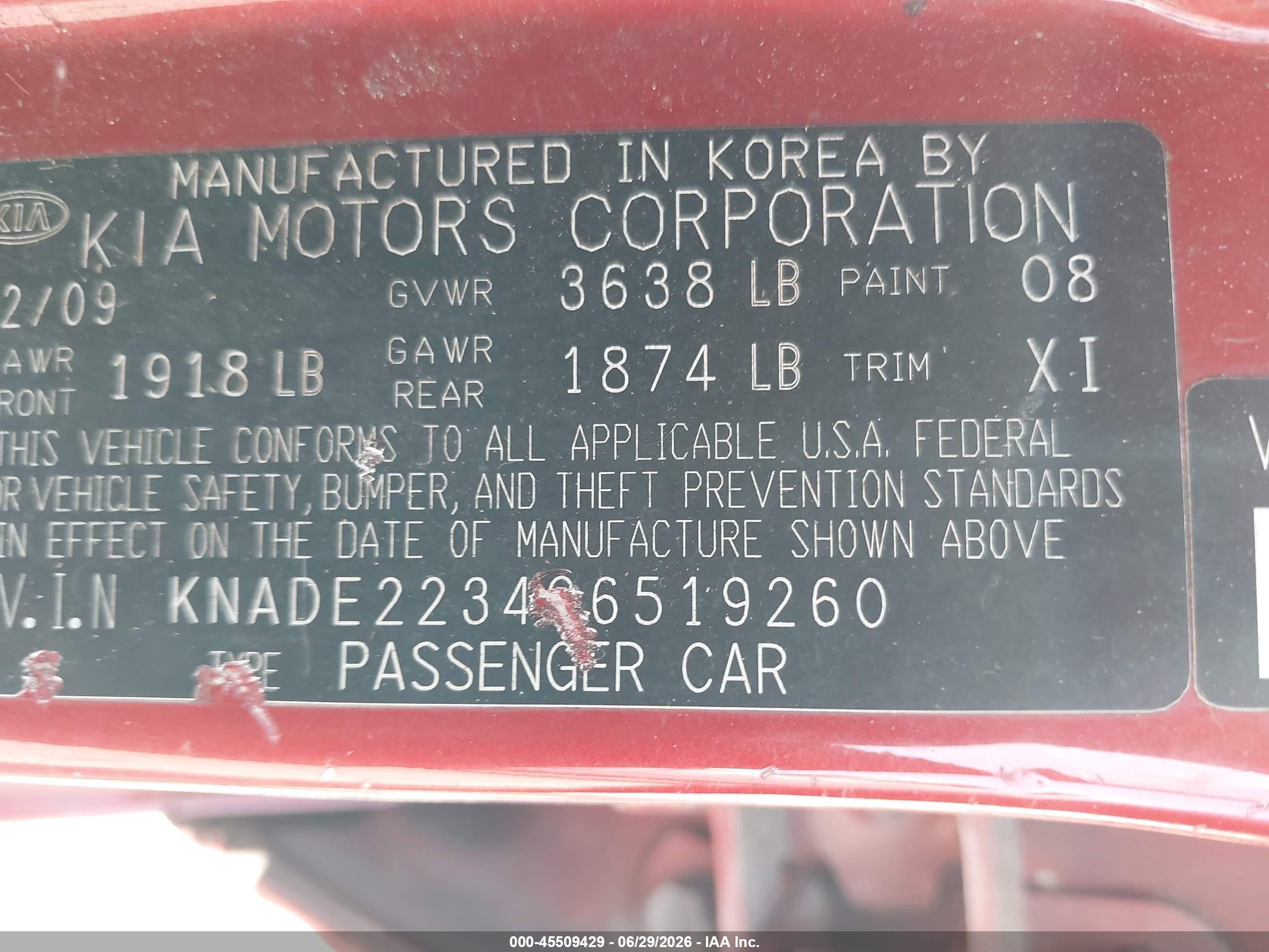 2009 Kia Rio Lx Красный vin: KNADE223496519260