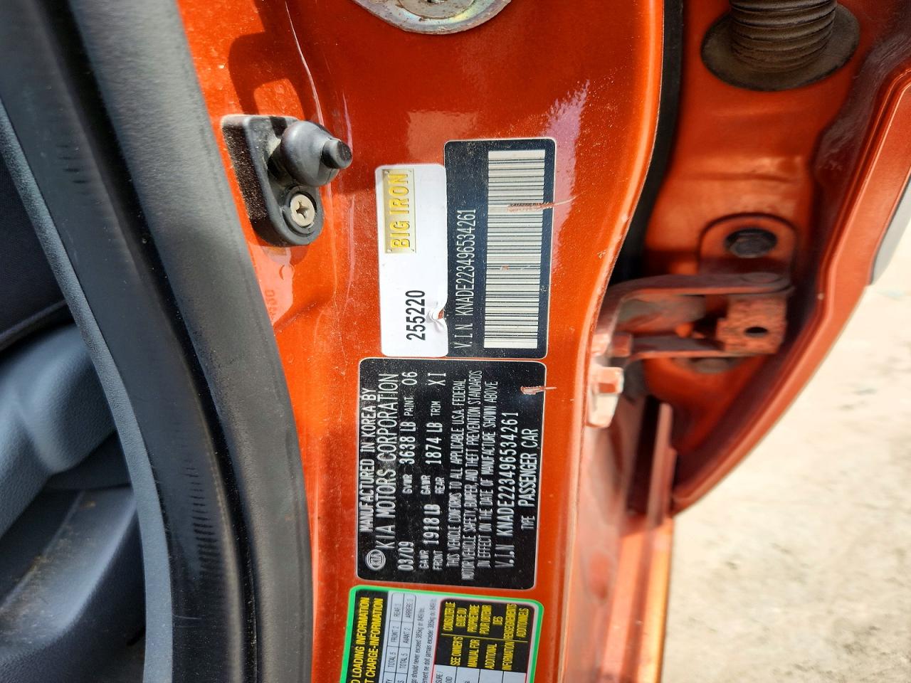 2009 Kia Rio Base Orange vin: KNADE223496534261