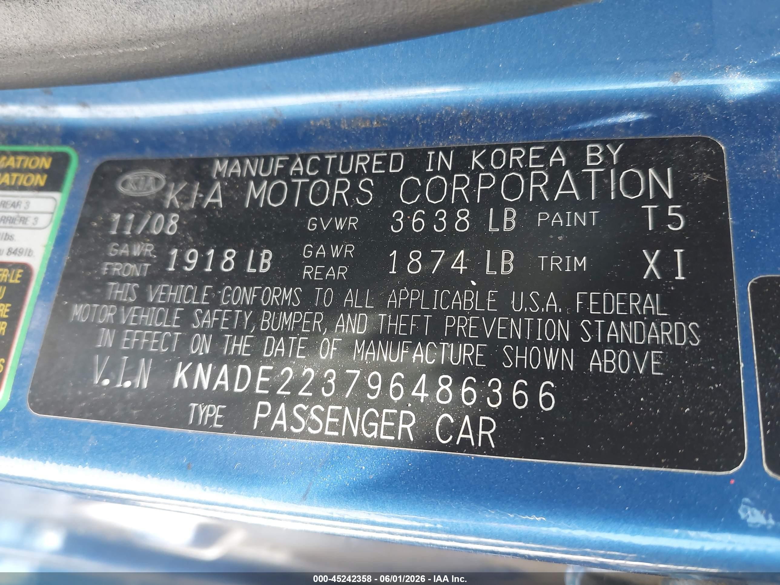 2009 Kia Rio Lx Blue vin: KNADE223796486366