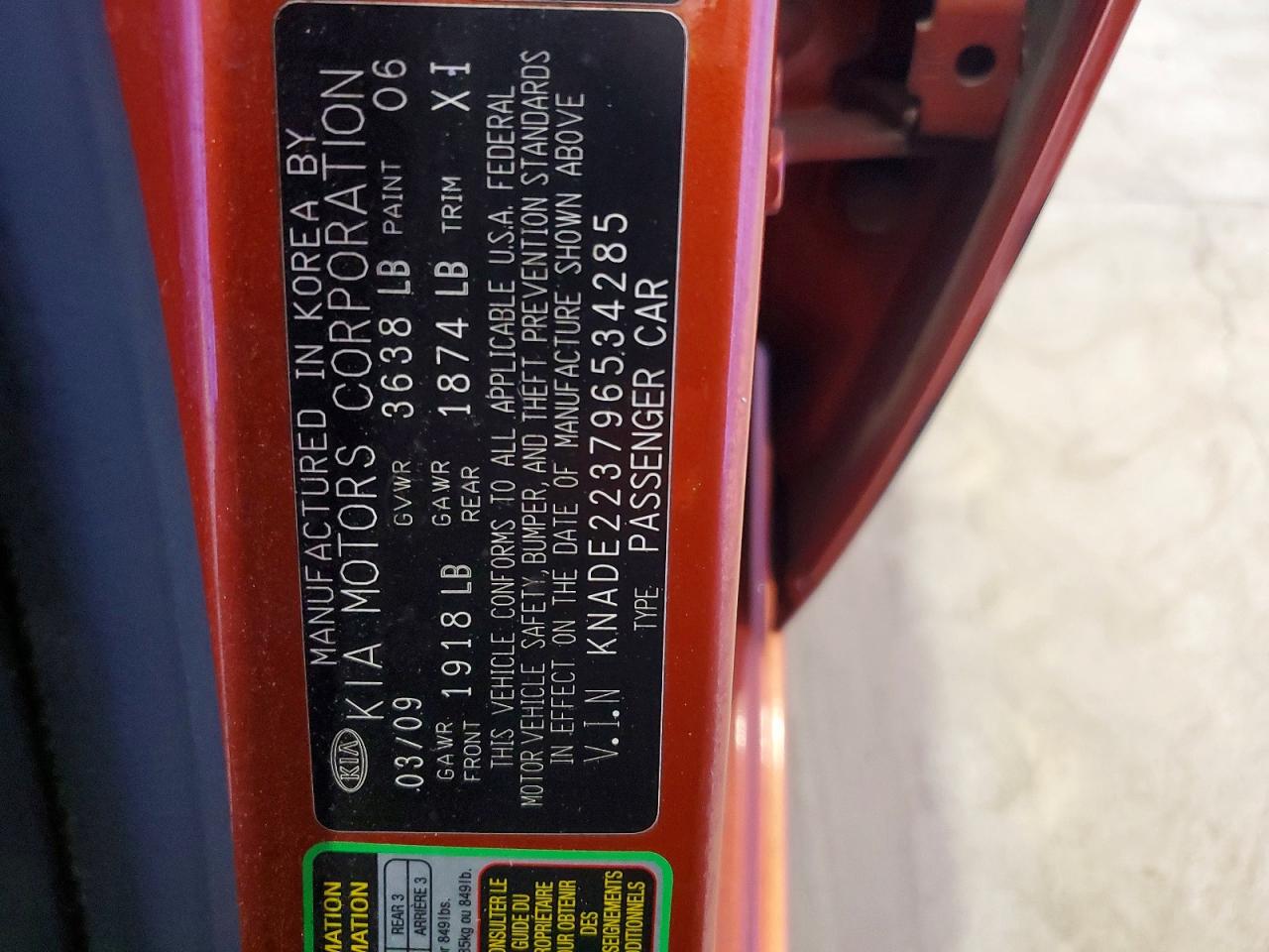 2009 Kia Rio Base Orange vin: KNADE223796534285