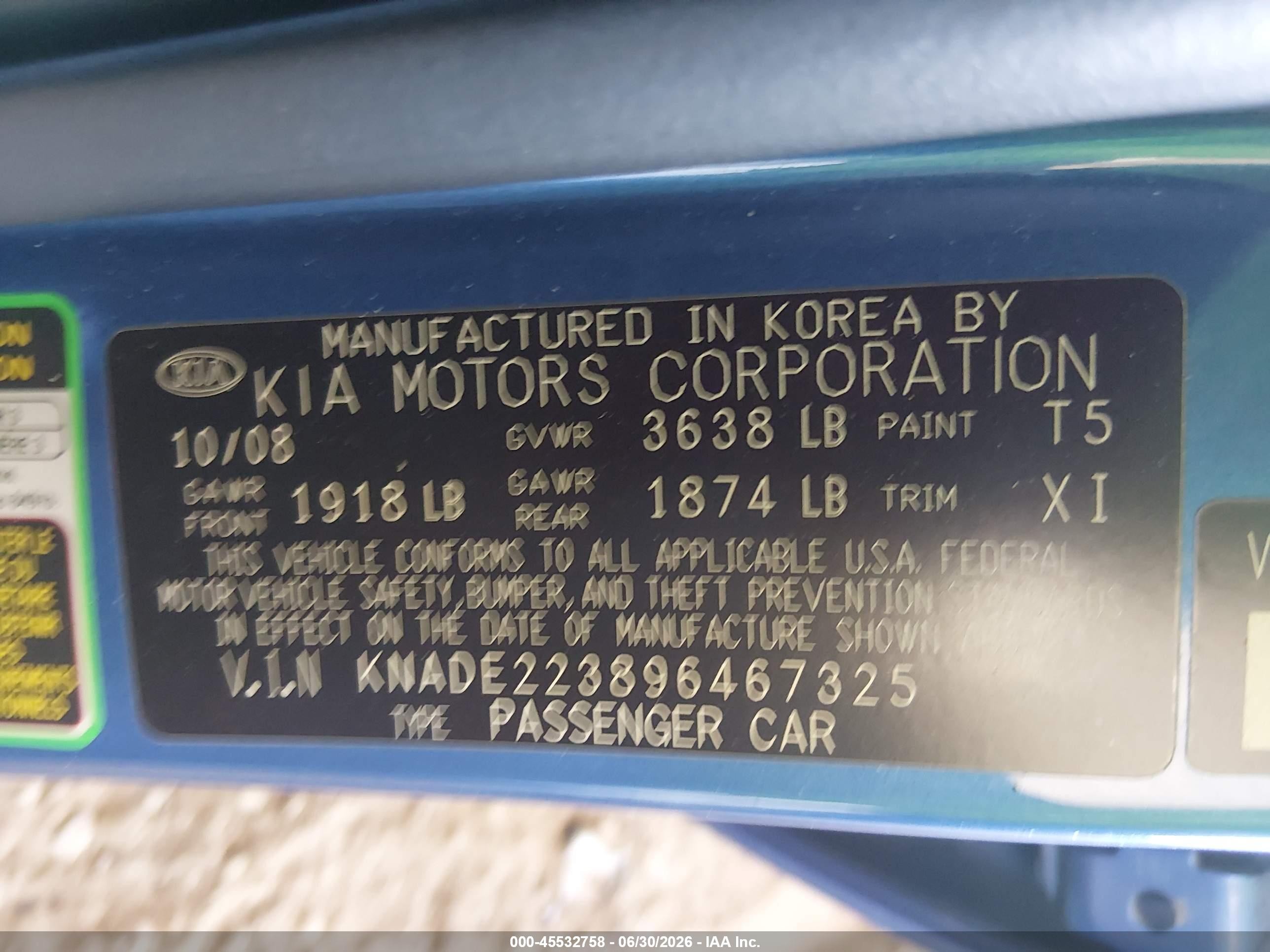 2009 Kia Rio Lx Blue vin: KNADE223896467325