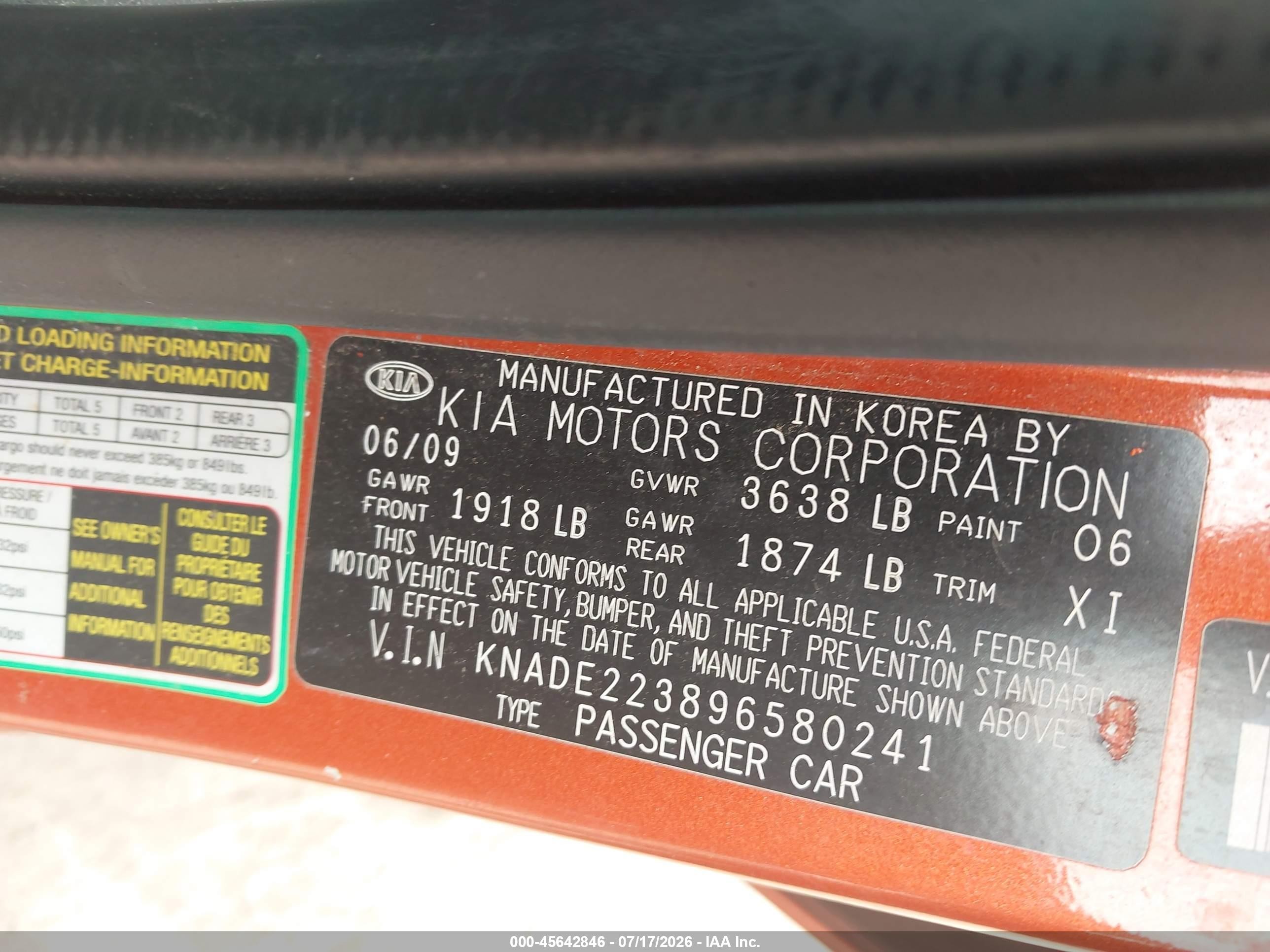 2009 Kia Rio Lx Orange vin: KNADE223896580241