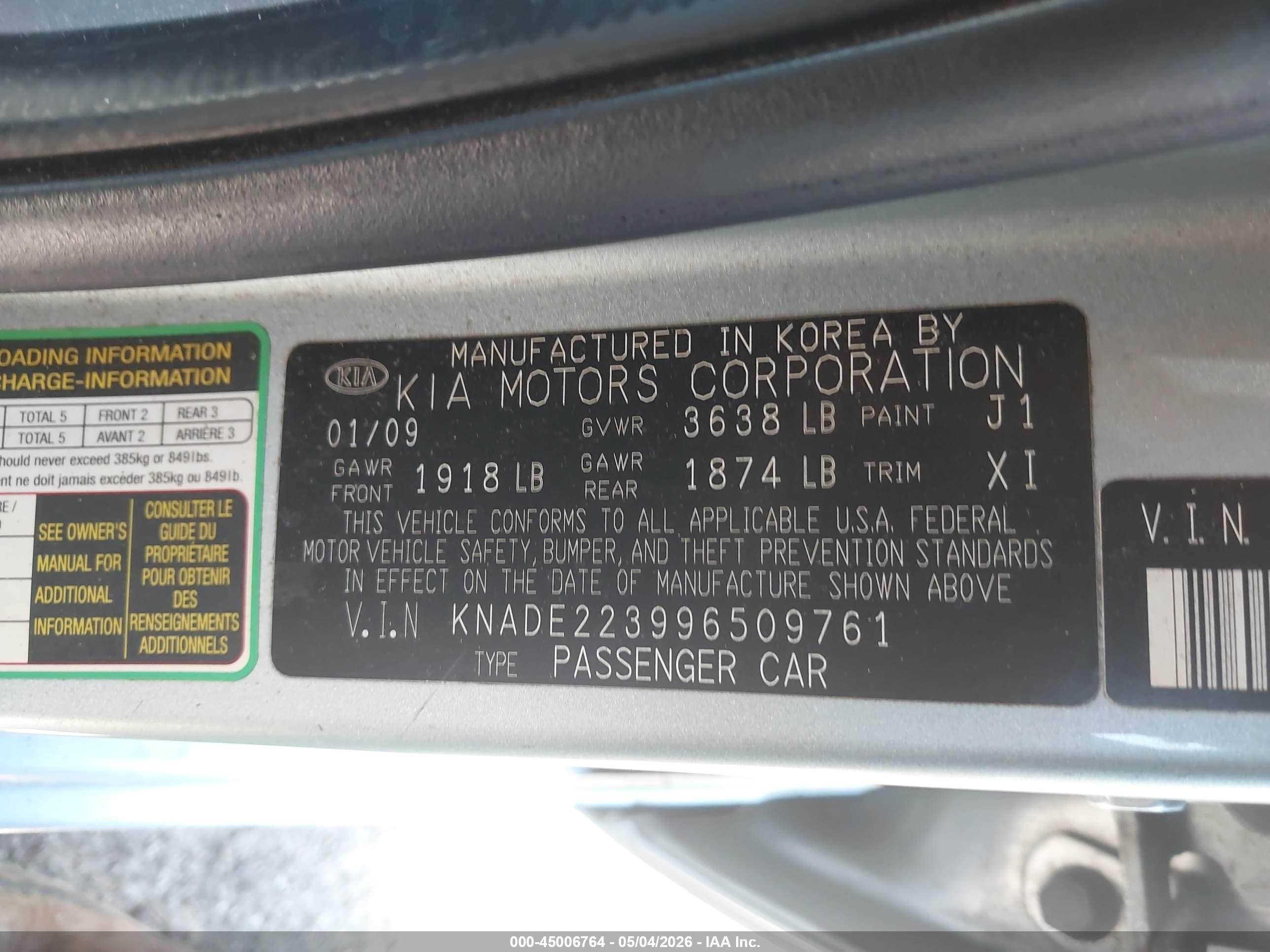 2009 Kia Rio Lx Silver vin: KNADE223996509761