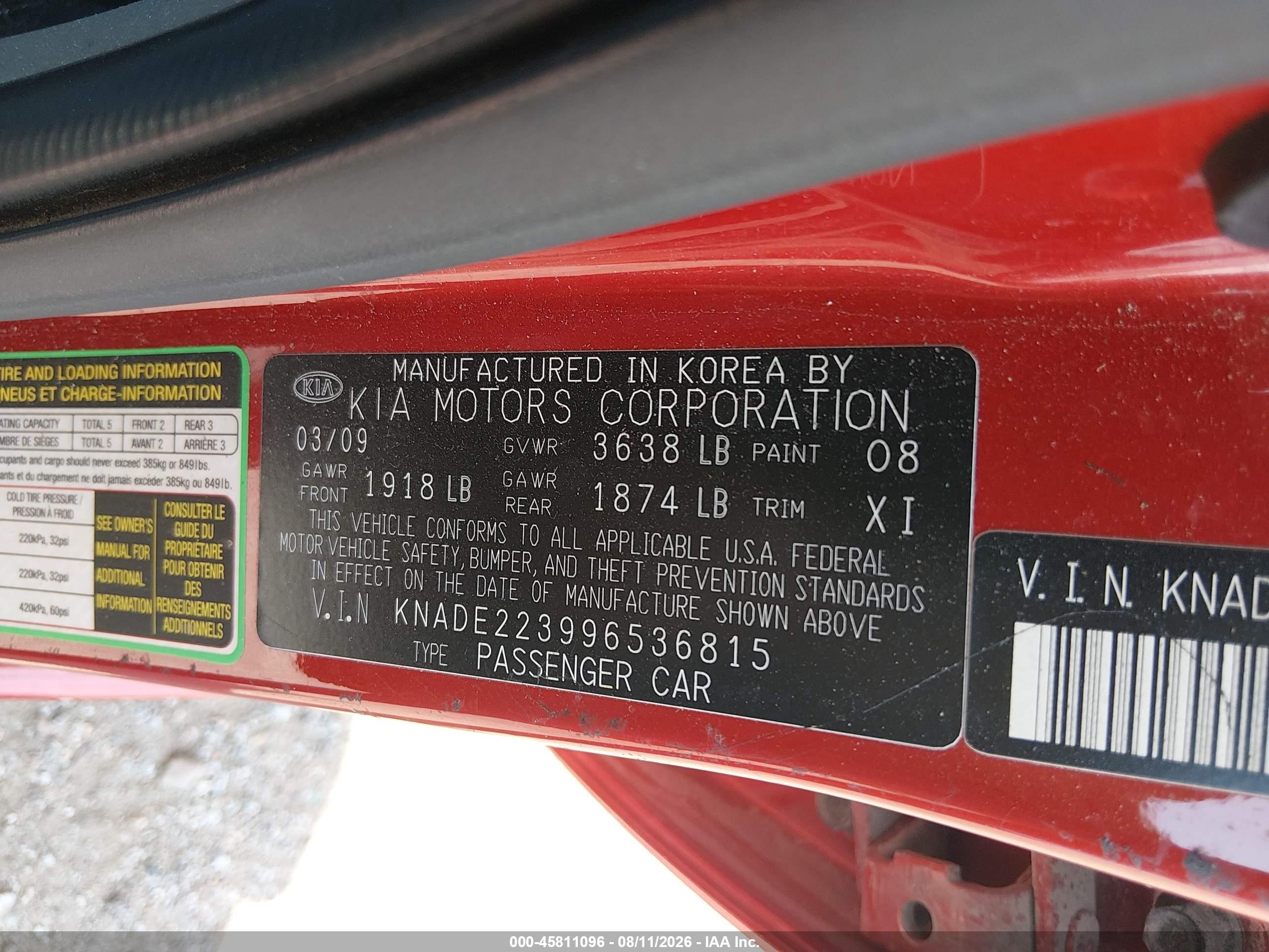 2009 Kia Rio Lx Red vin: KNADE223996536815