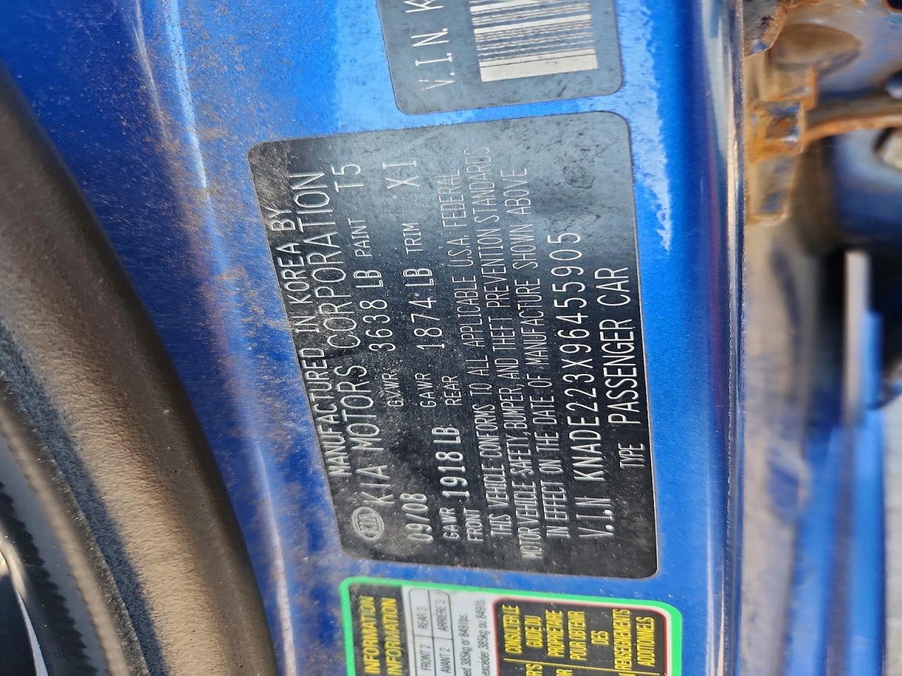 2009 Kia Rio Base Blue vin: KNADE223X96455905