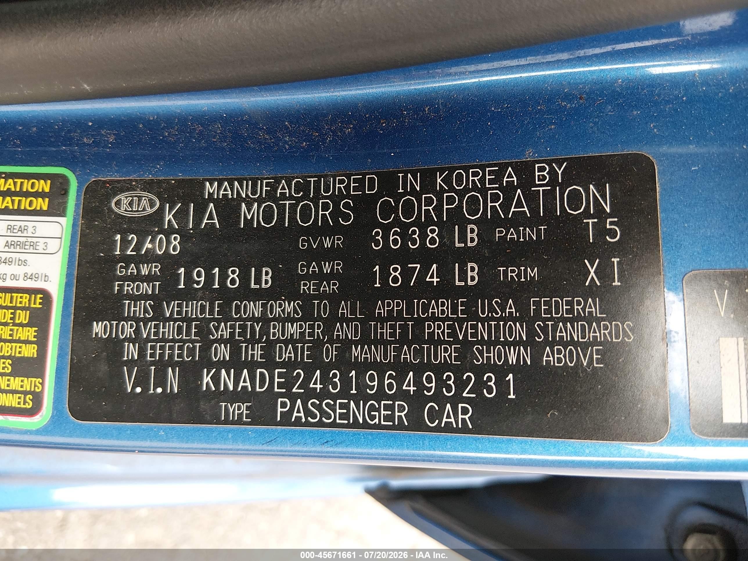 2009 Kia Rio5 Lx Blue vin: KNADE243196493231