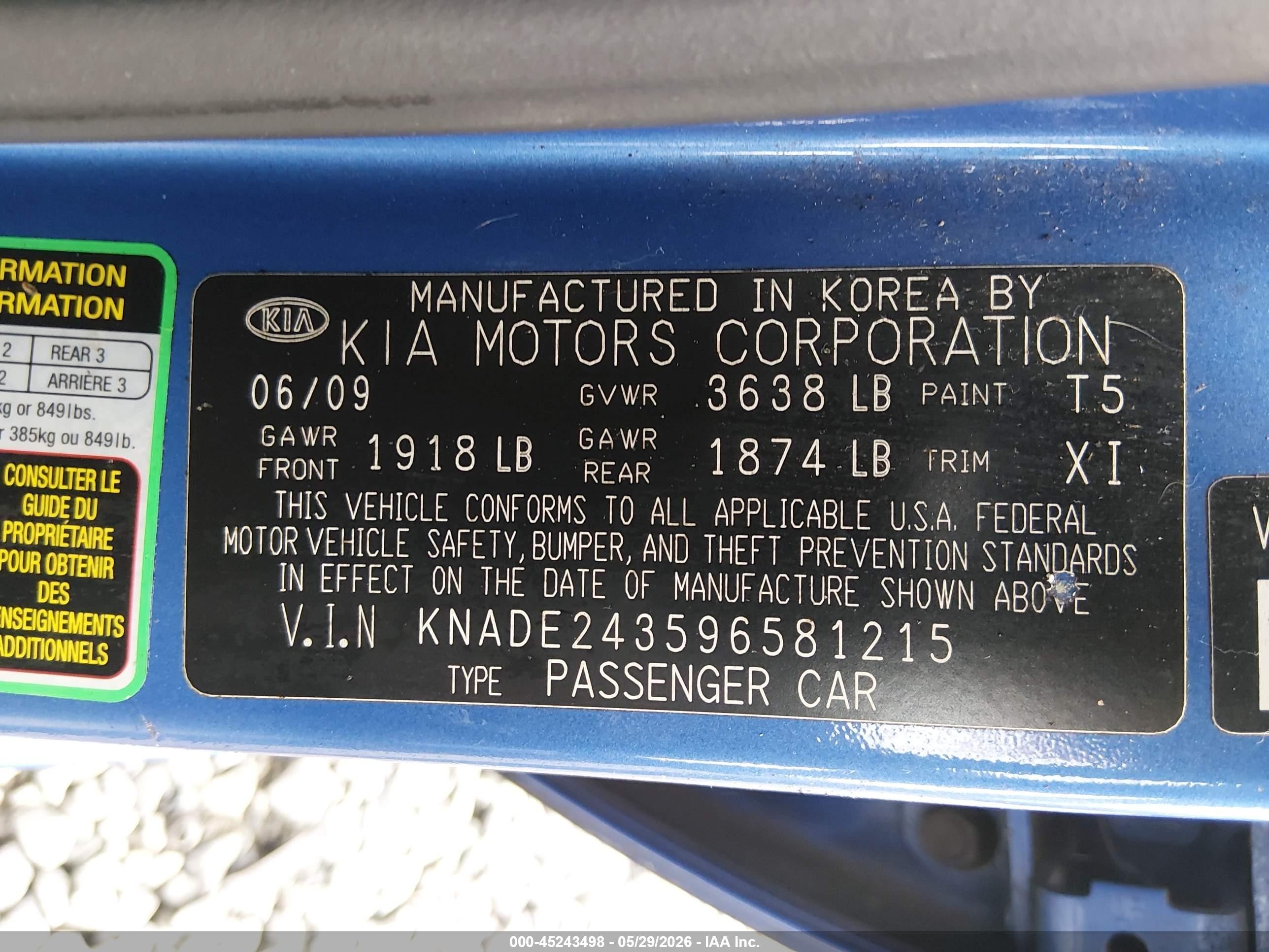 2009 Kia Rio5 Lx Blue vin: KNADE243596581215