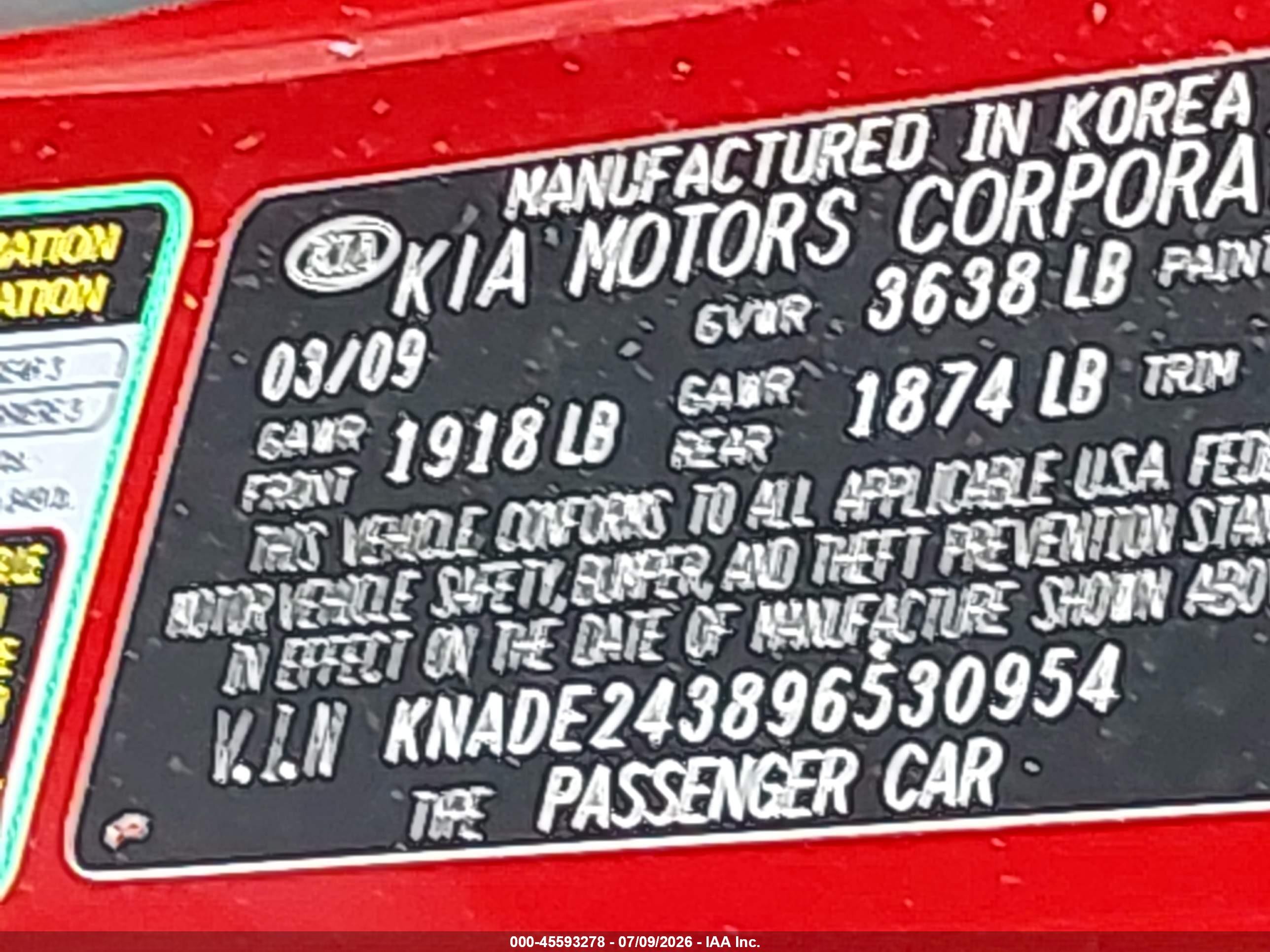 2009 Kia Rio5 Lx Red vin: KNADE243896530954