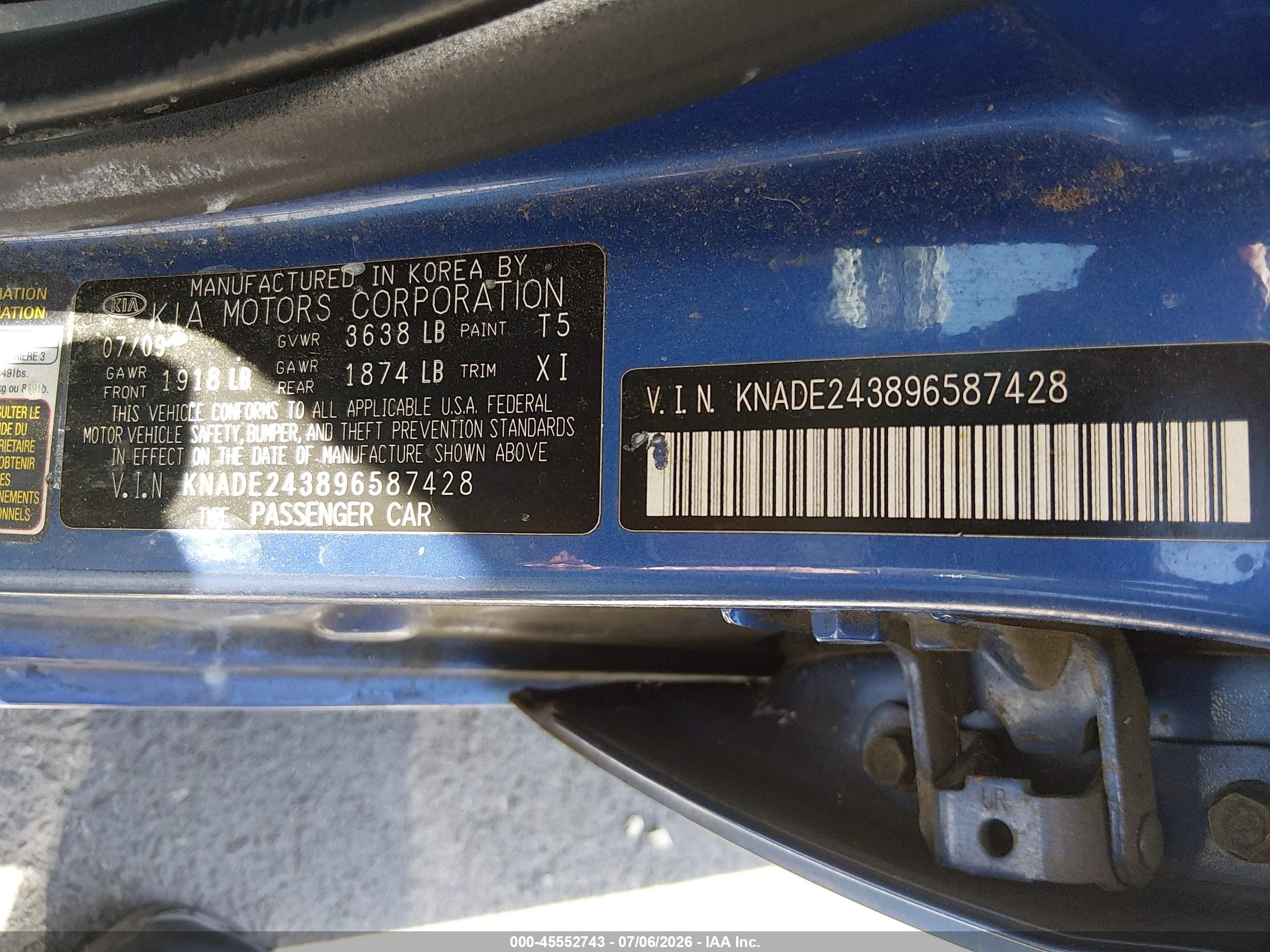 2009 Kia Rio5 Sx Blue vin: KNADE243896587428