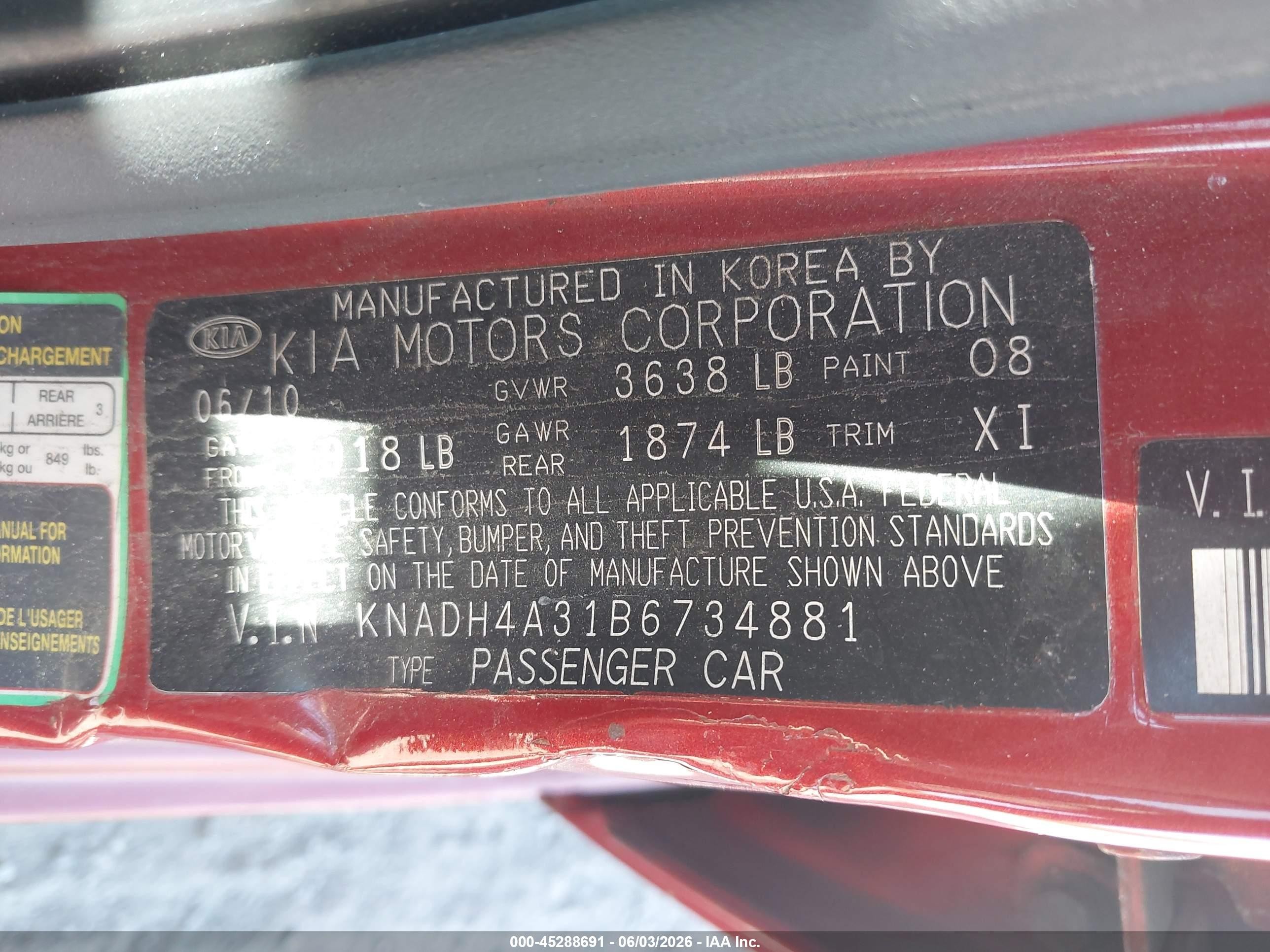 2011 Kia Rio Lx Red vin: KNADH4A31B6734881