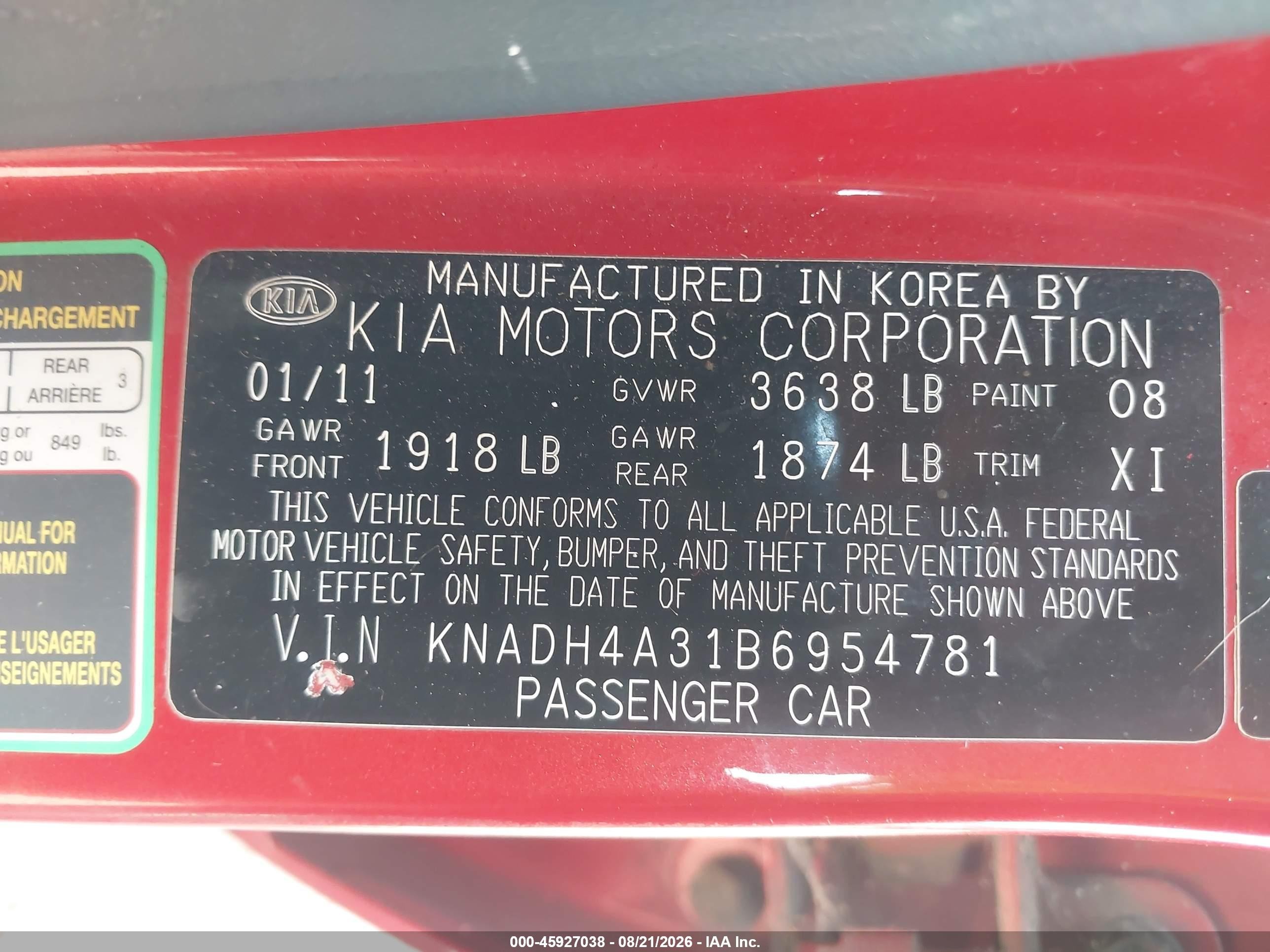 2011 Kia Rio Lx Orange vin: KNADH4A31B6954781