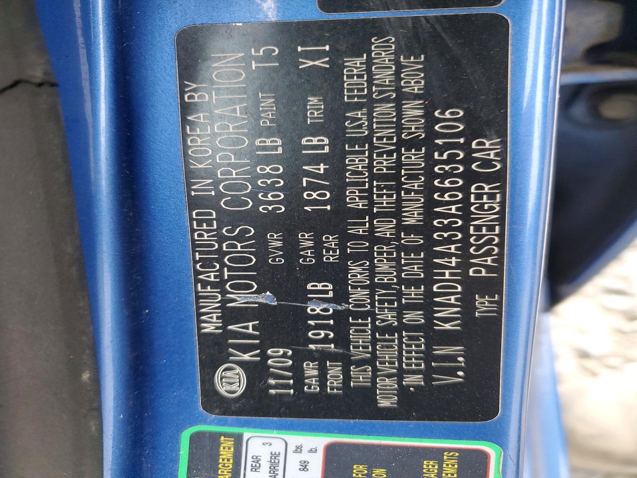 2010 Kia Rio Base Blue vin: KNADH4A33A6635106