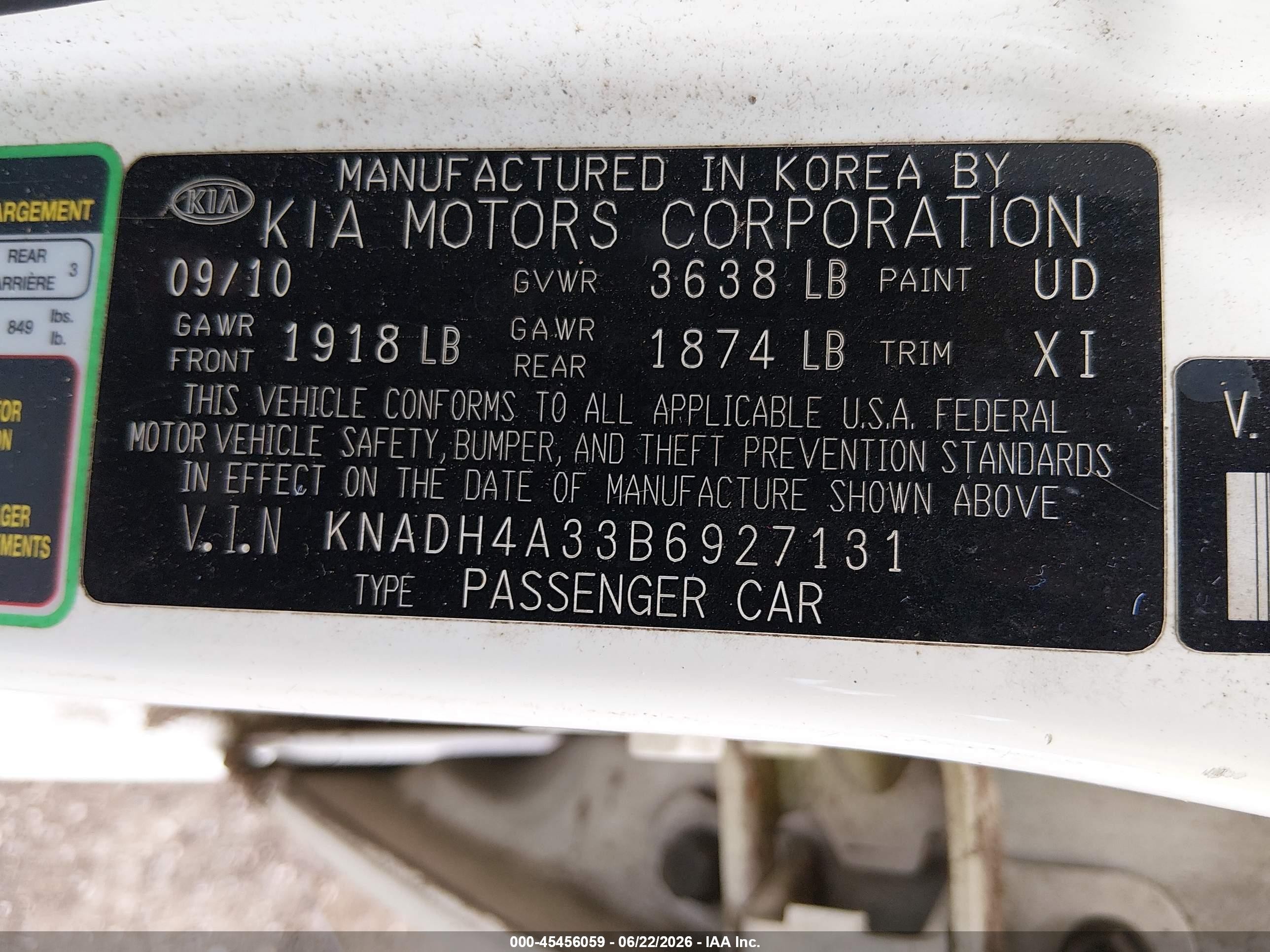 2011 Kia Rio Lx White vin: KNADH4A33B6927131