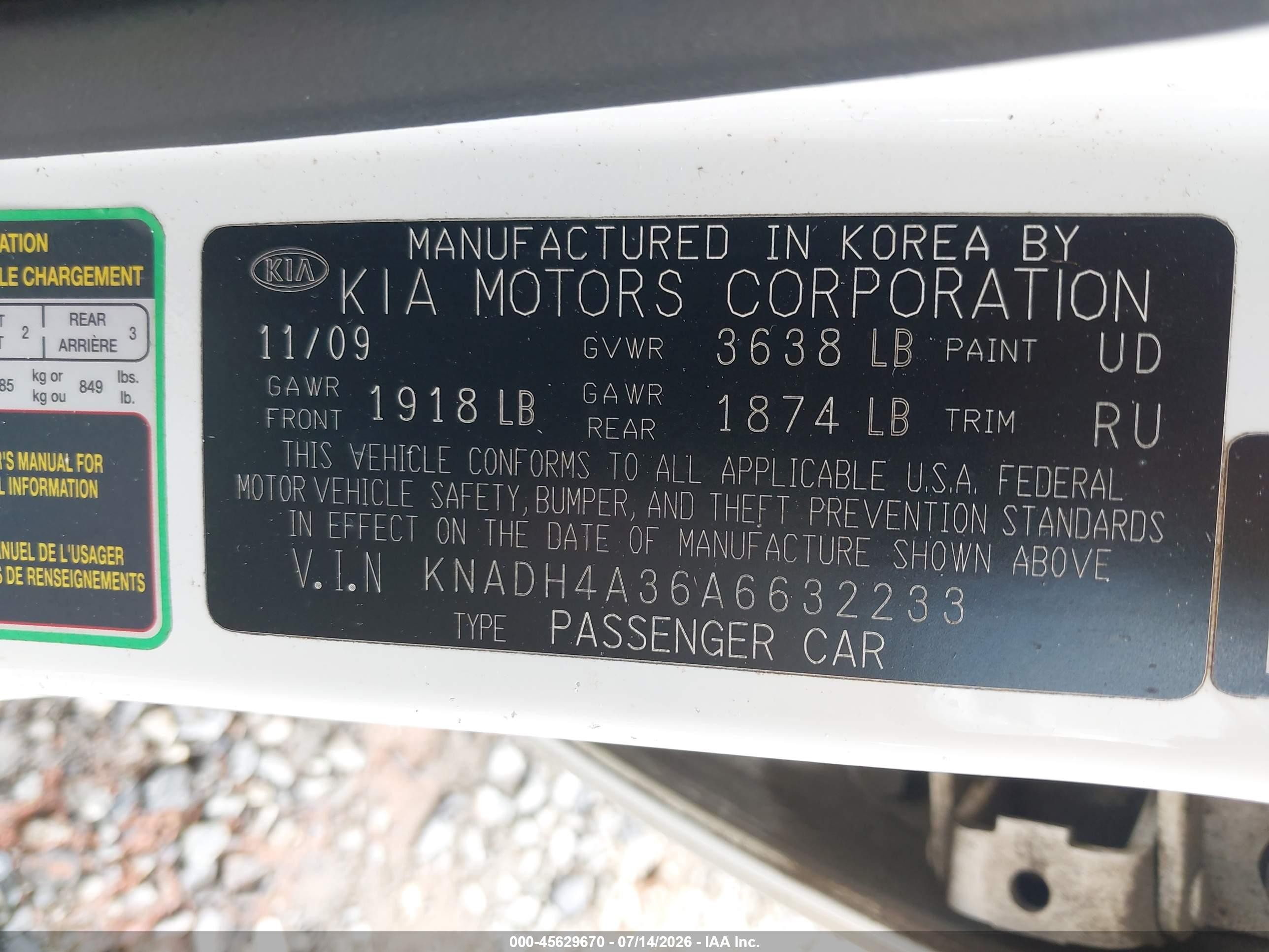2010 Kia Rio Lx White vin: KNADH4A36A6632233
