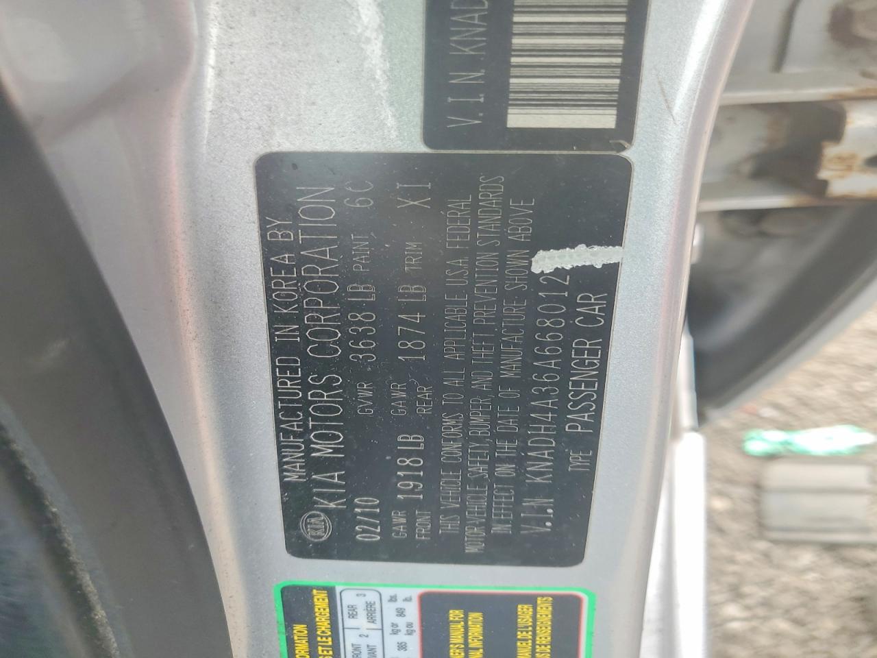 2010 Kia Rio Base Silver vin: KNADH4A36A6680122