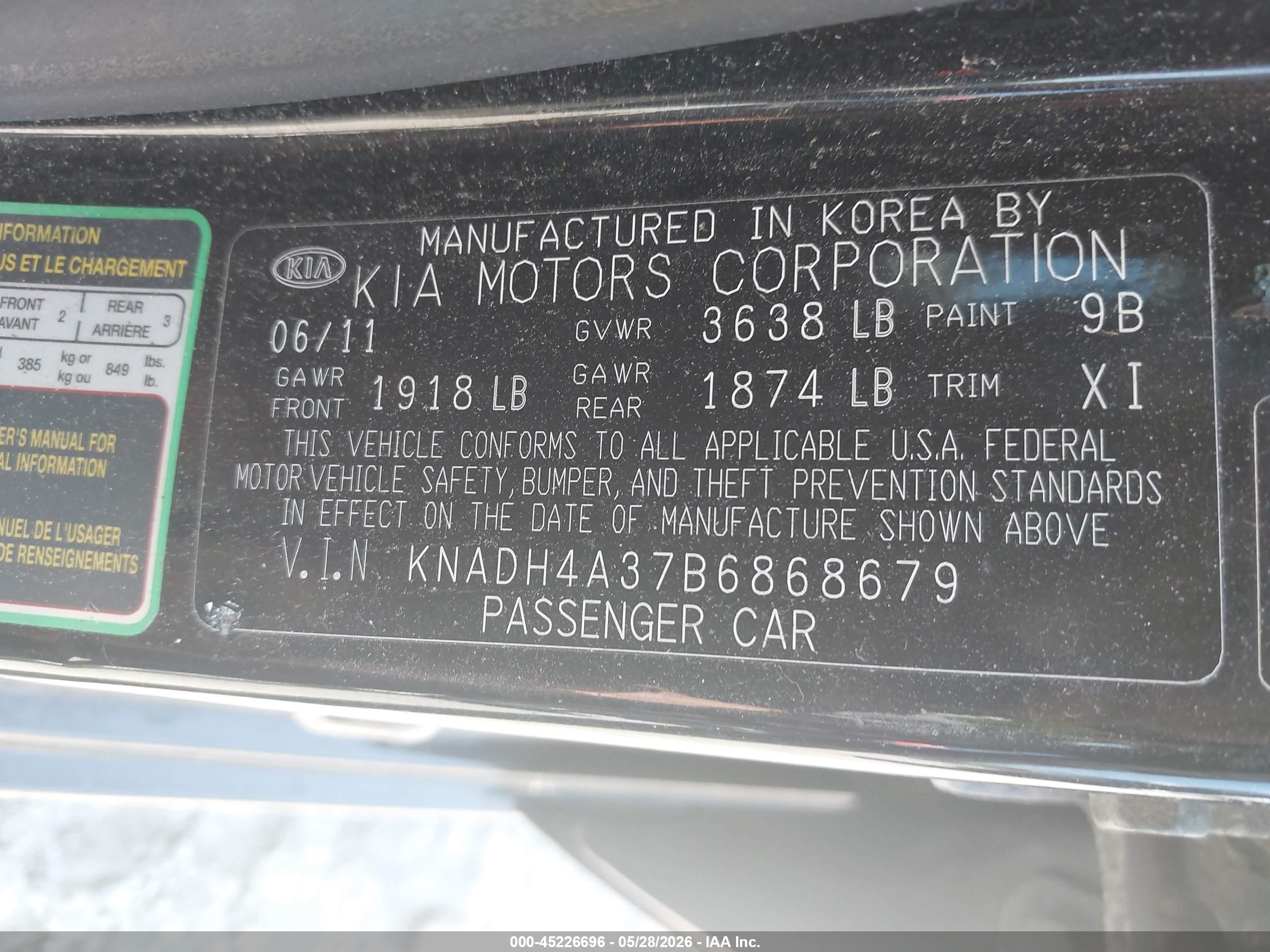 2011 Kia Rio Lx Black vin: KNADH4A37B6868679