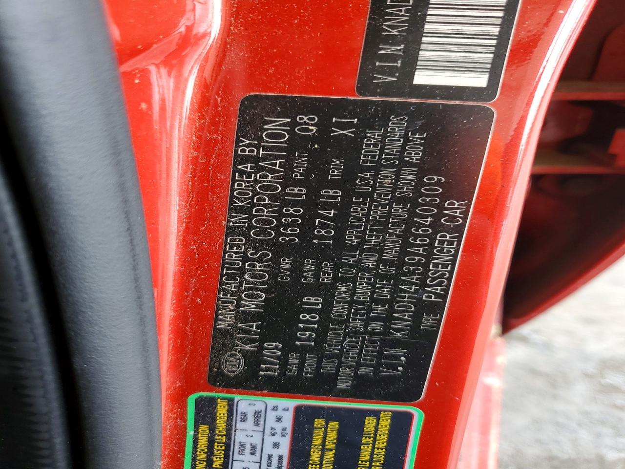 2010 Kia Rio Base Red vin: KNADH4A39A6640309