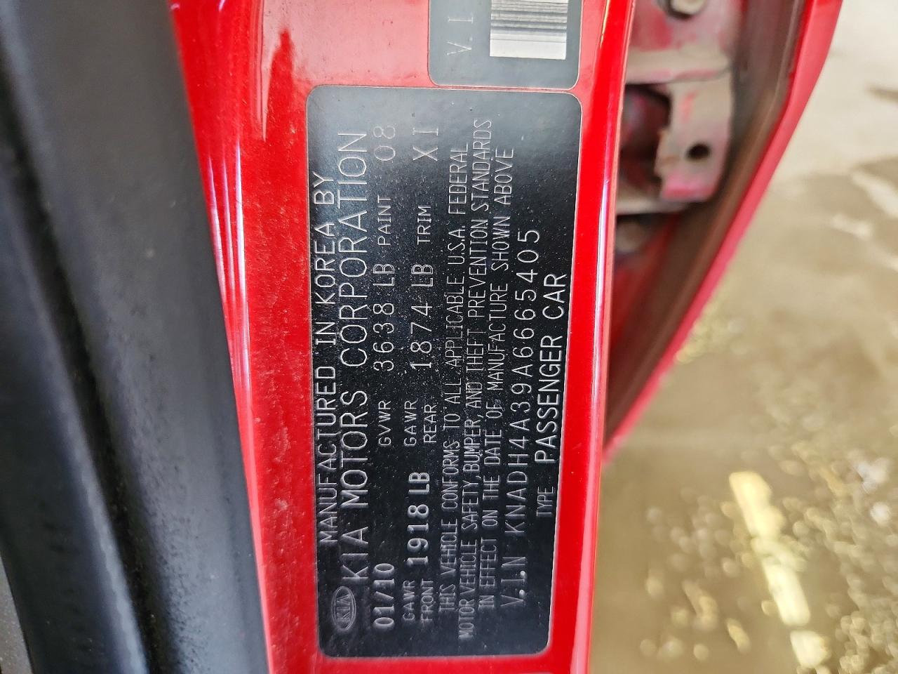 2010 Kia Rio Base Red vin: KNADH4A39A6665405