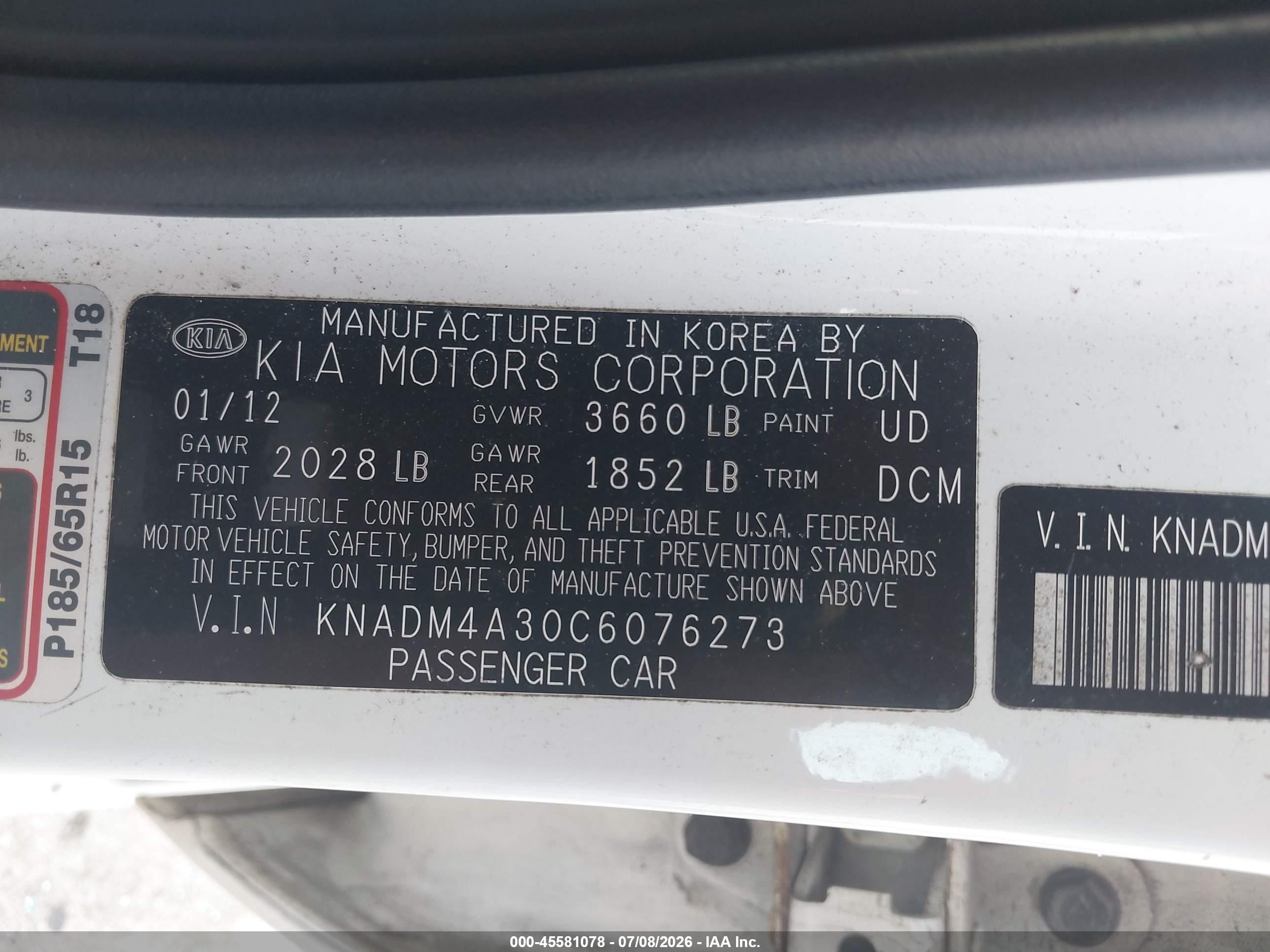 2012 Kia Rio Lx White vin: KNADM4A30C6076273