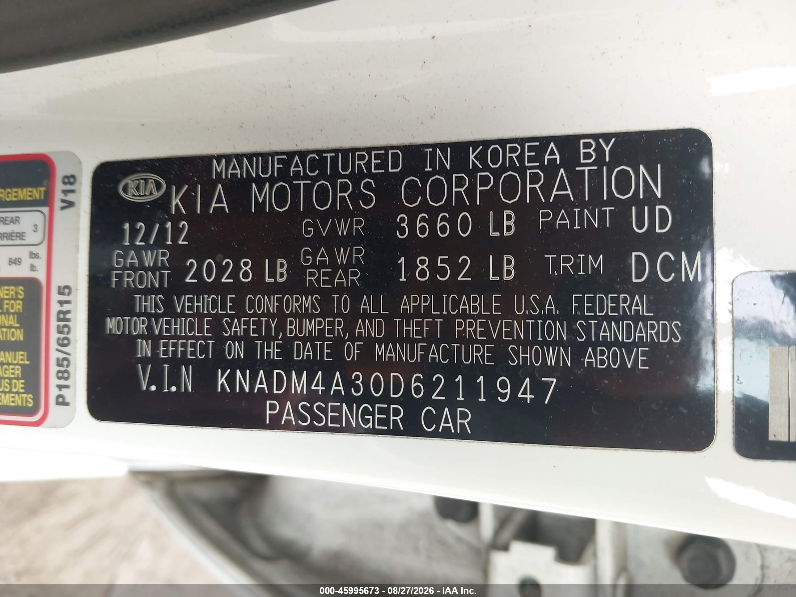 2013 Kia Rio Lx White vin: KNADM4A30D6211947