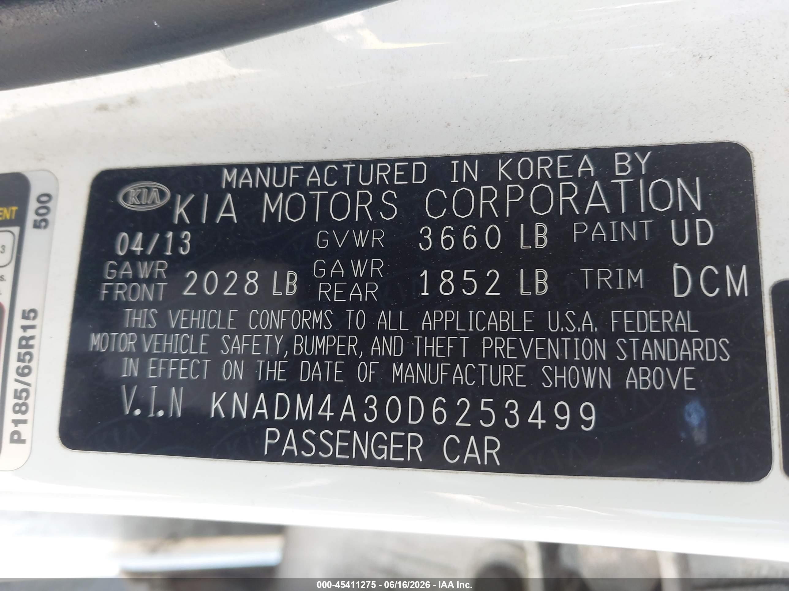 2013 Kia Rio Lx White vin: KNADM4A30D6253499