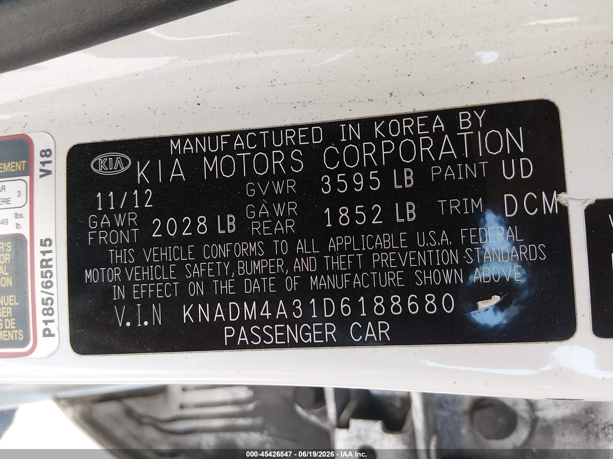 2013 Kia Rio Lx Белый vin: KNADM4A31D6188680