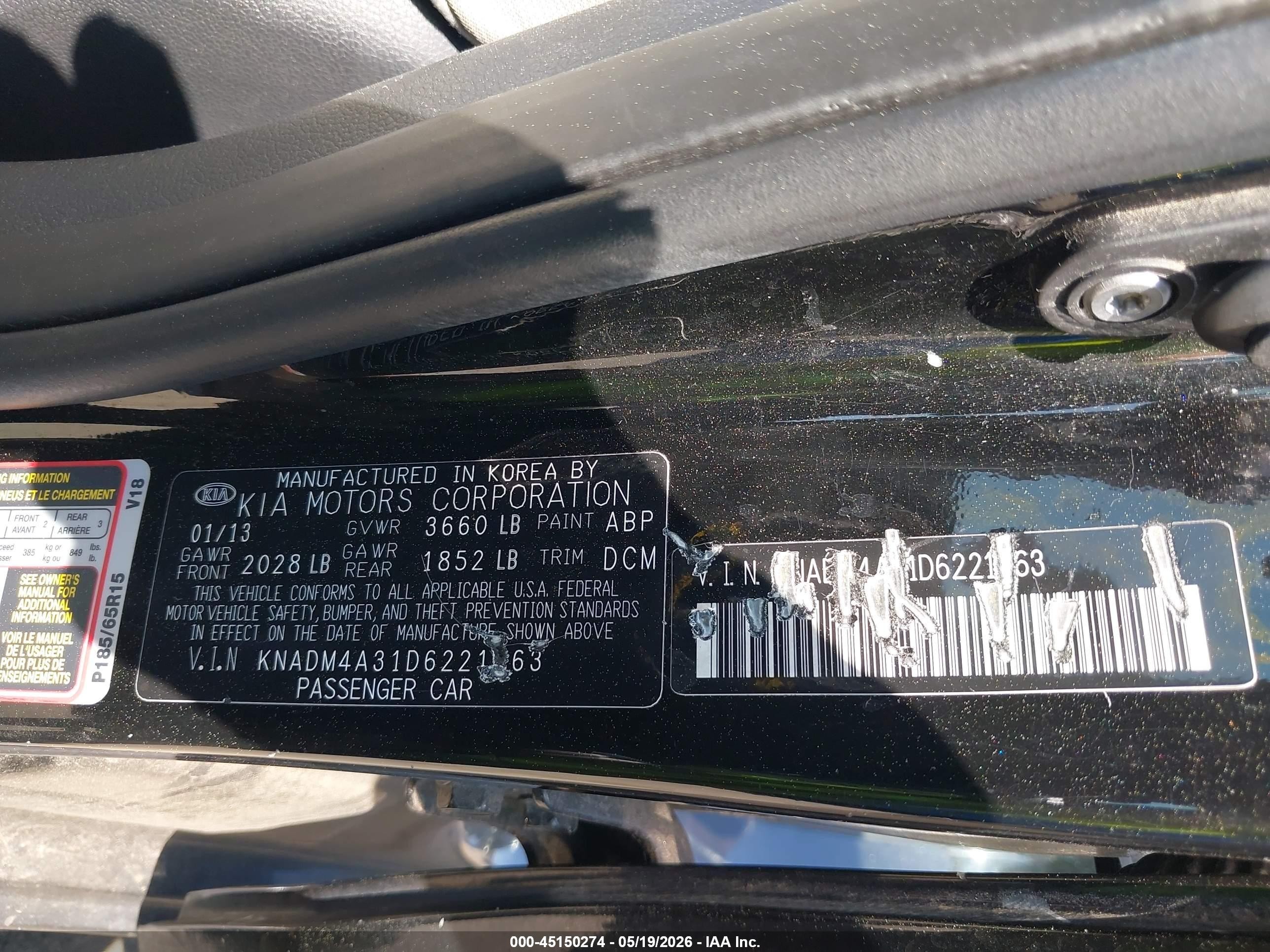 2013 Kia Rio Lx Black vin: KNADM4A31D6221063