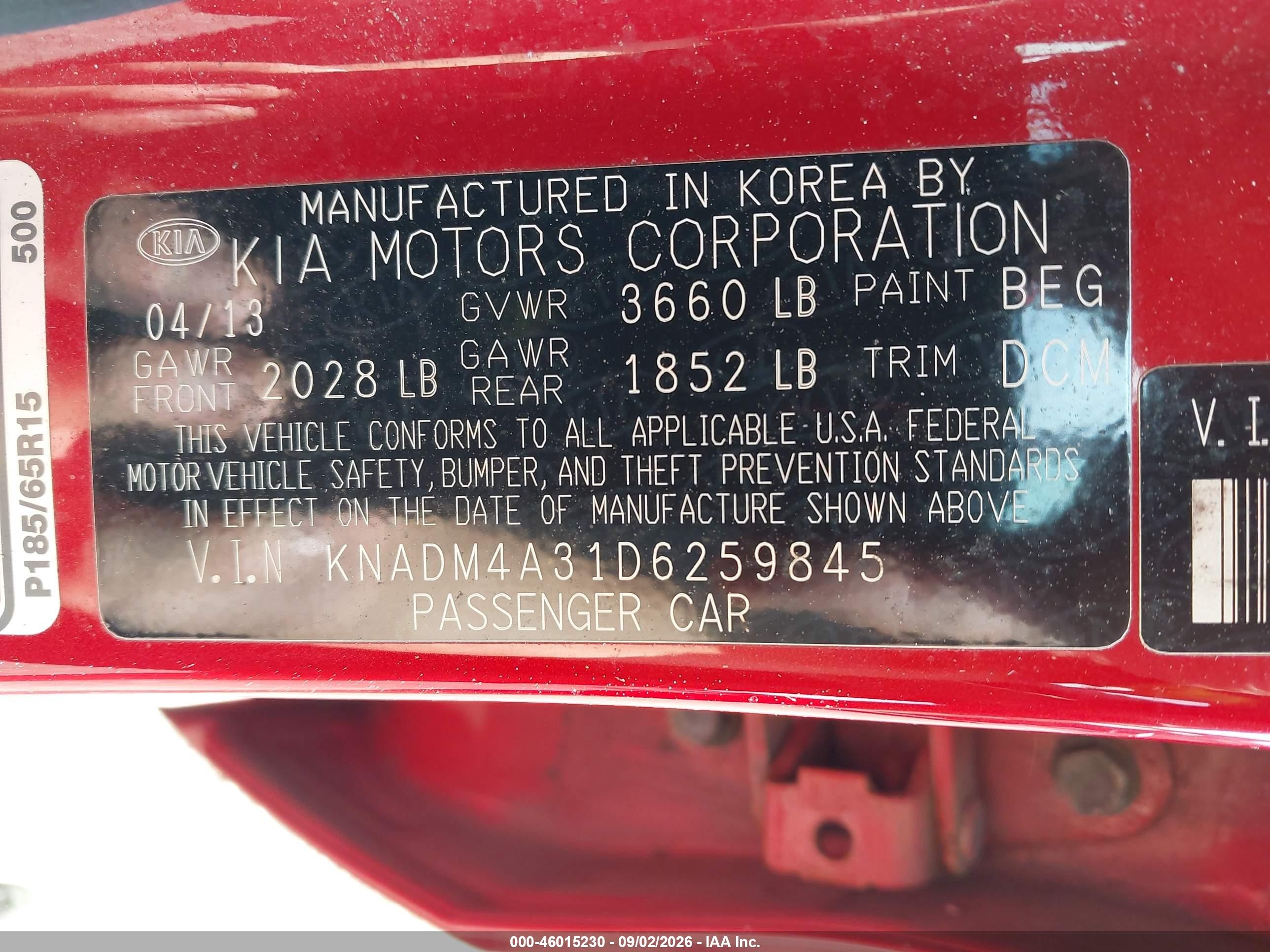 2013 Kia Rio Lx Red vin: KNADM4A31D6259845