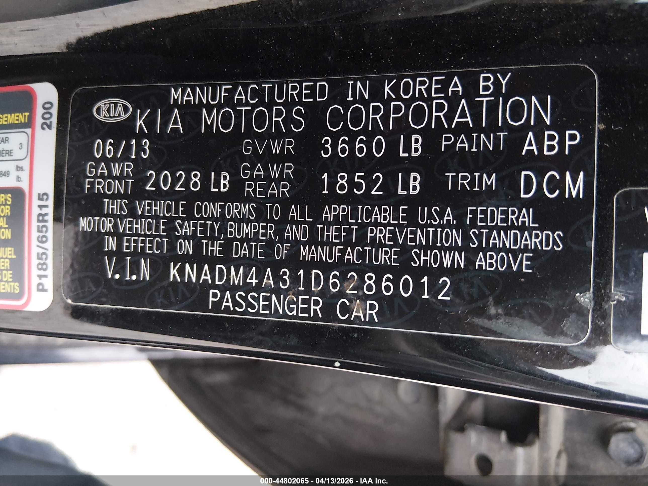 2013 Kia Rio Lx Черный vin: KNADM4A31D6286012