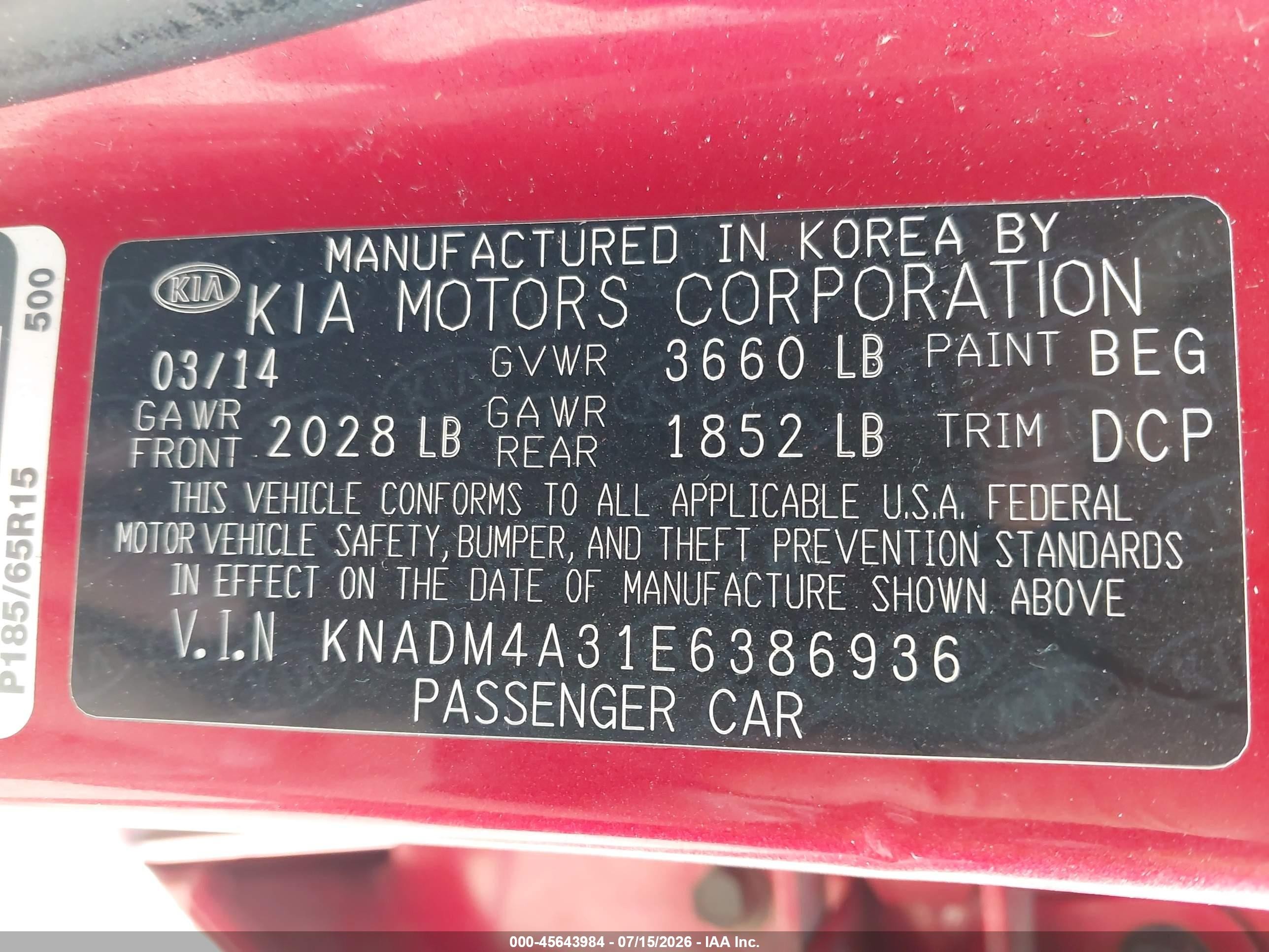 2014 Kia Rio Lx Red vin: KNADM4A31E6386936