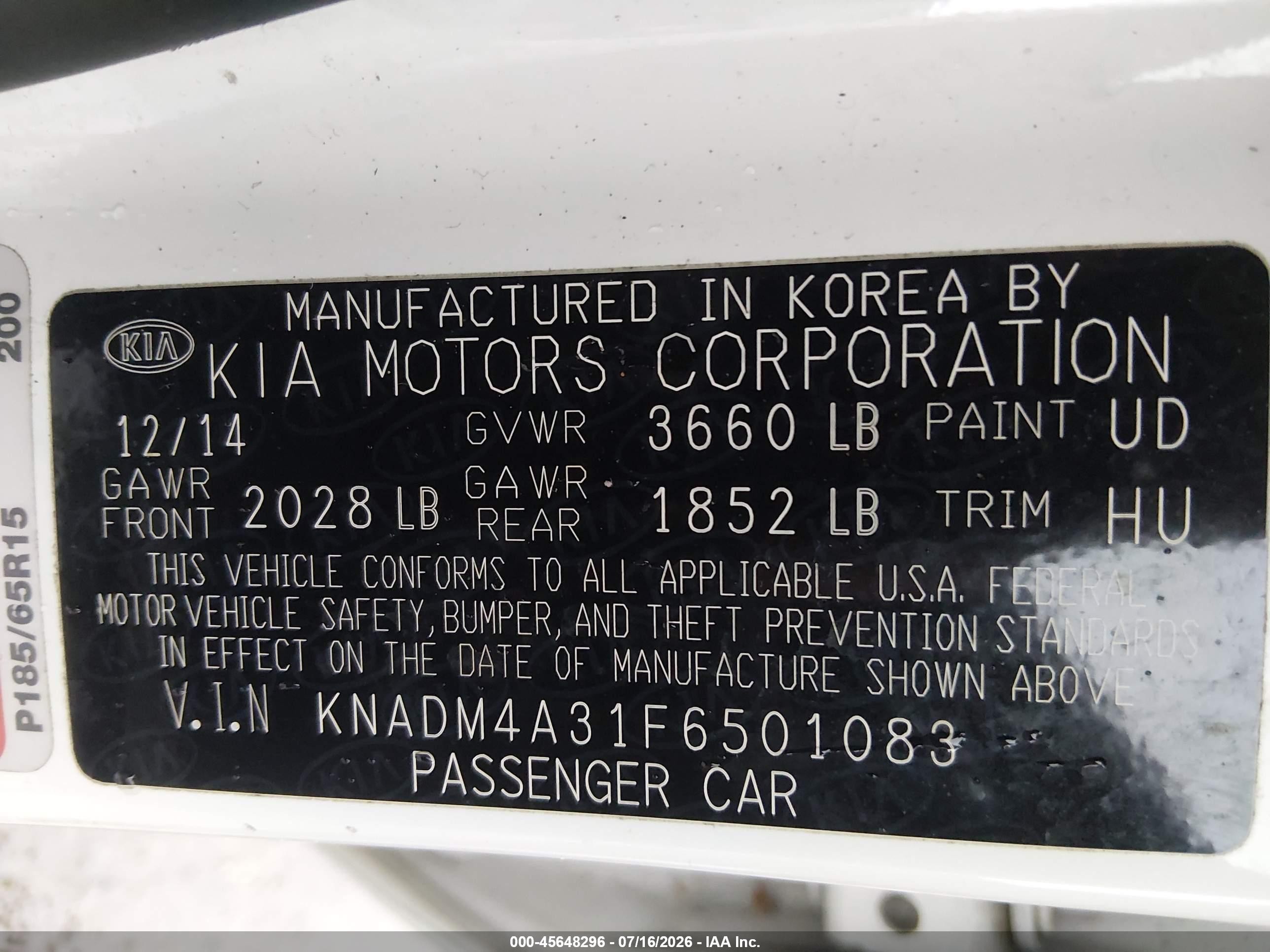 2015 Kia Rio Lx Белый vin: KNADM4A31F6501083
