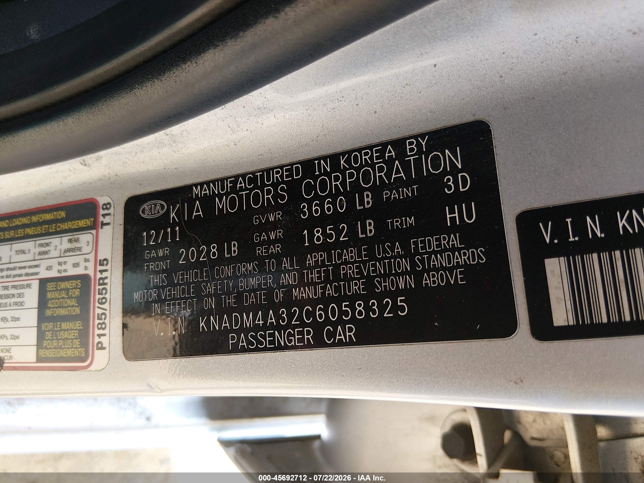 2012 Kia Rio Lx Silver vin: KNADM4A32C6058325