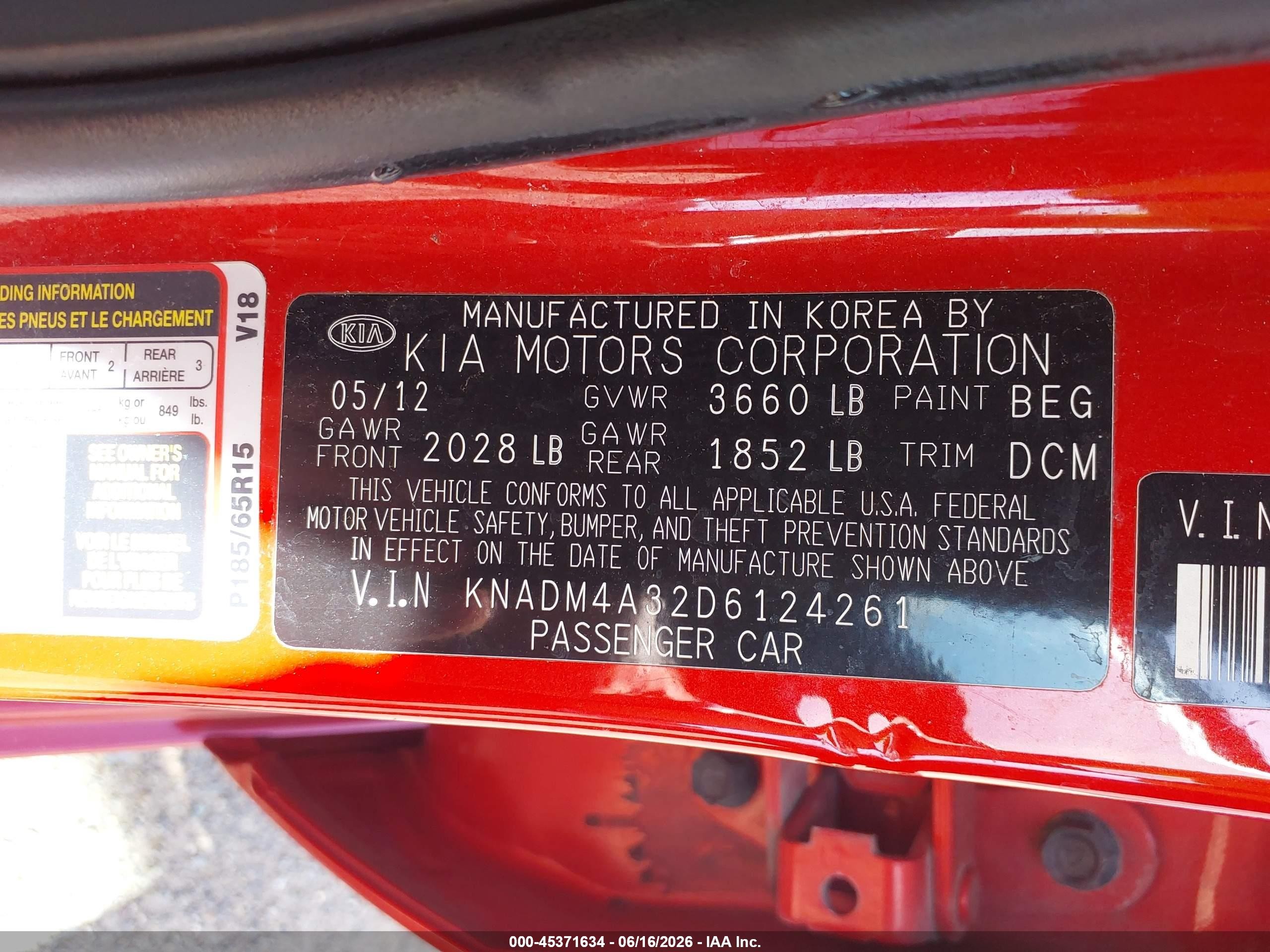 2013 Kia Rio Lx Red vin: KNADM4A32D6124261