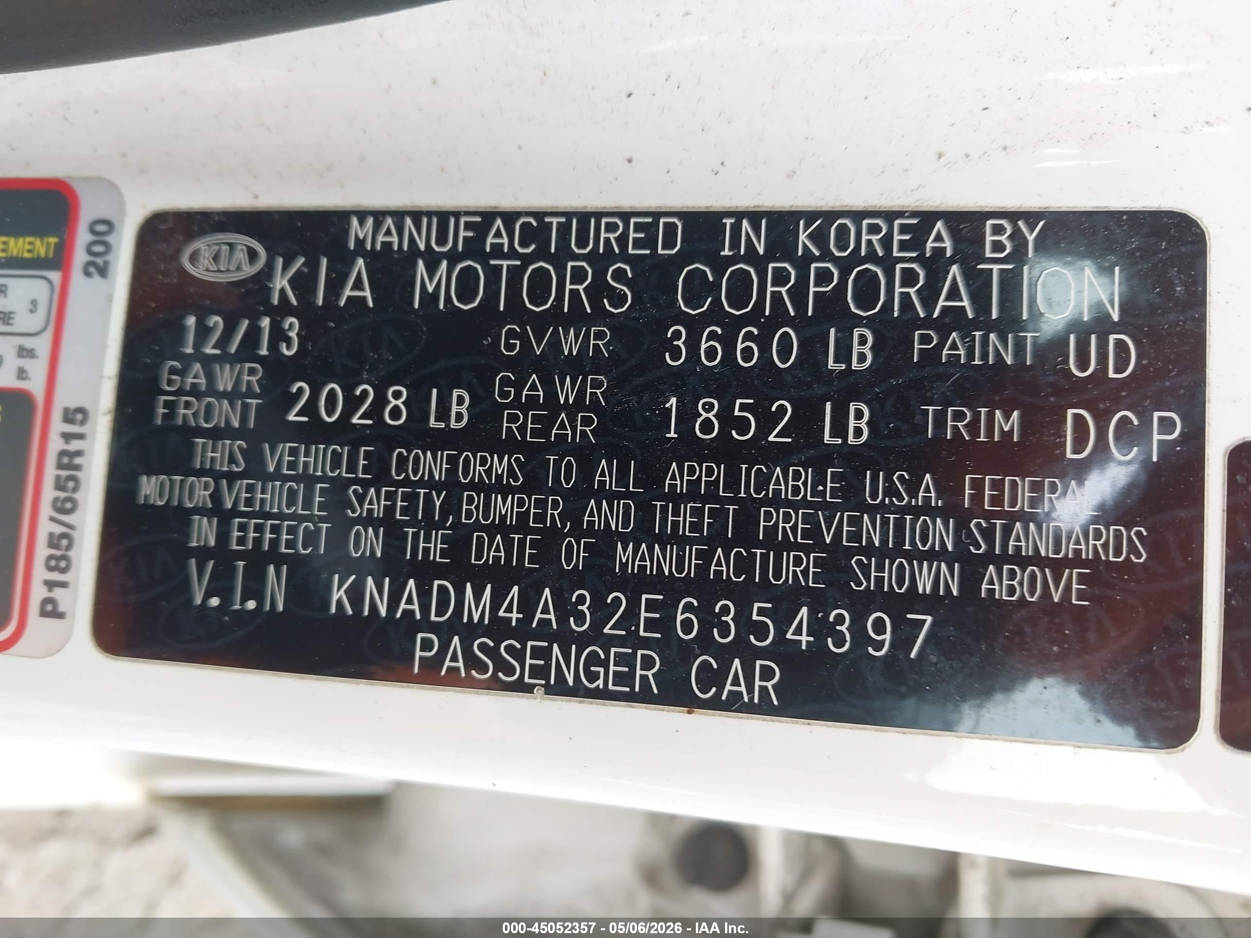 2014 Kia Rio Lx White vin: KNADM4A32E6354397