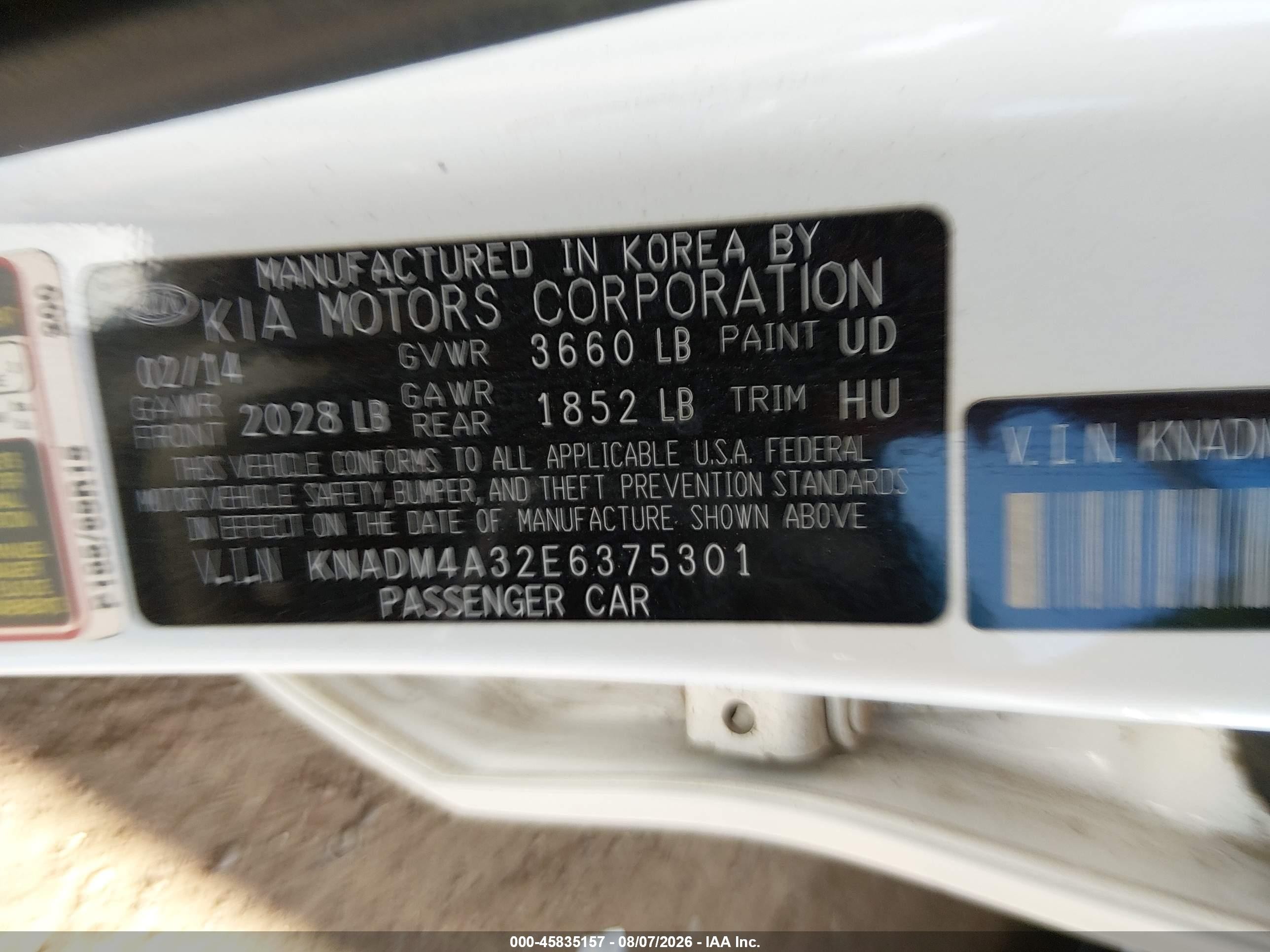 2014 Kia Rio Lx White vin: KNADM4A32E6375301