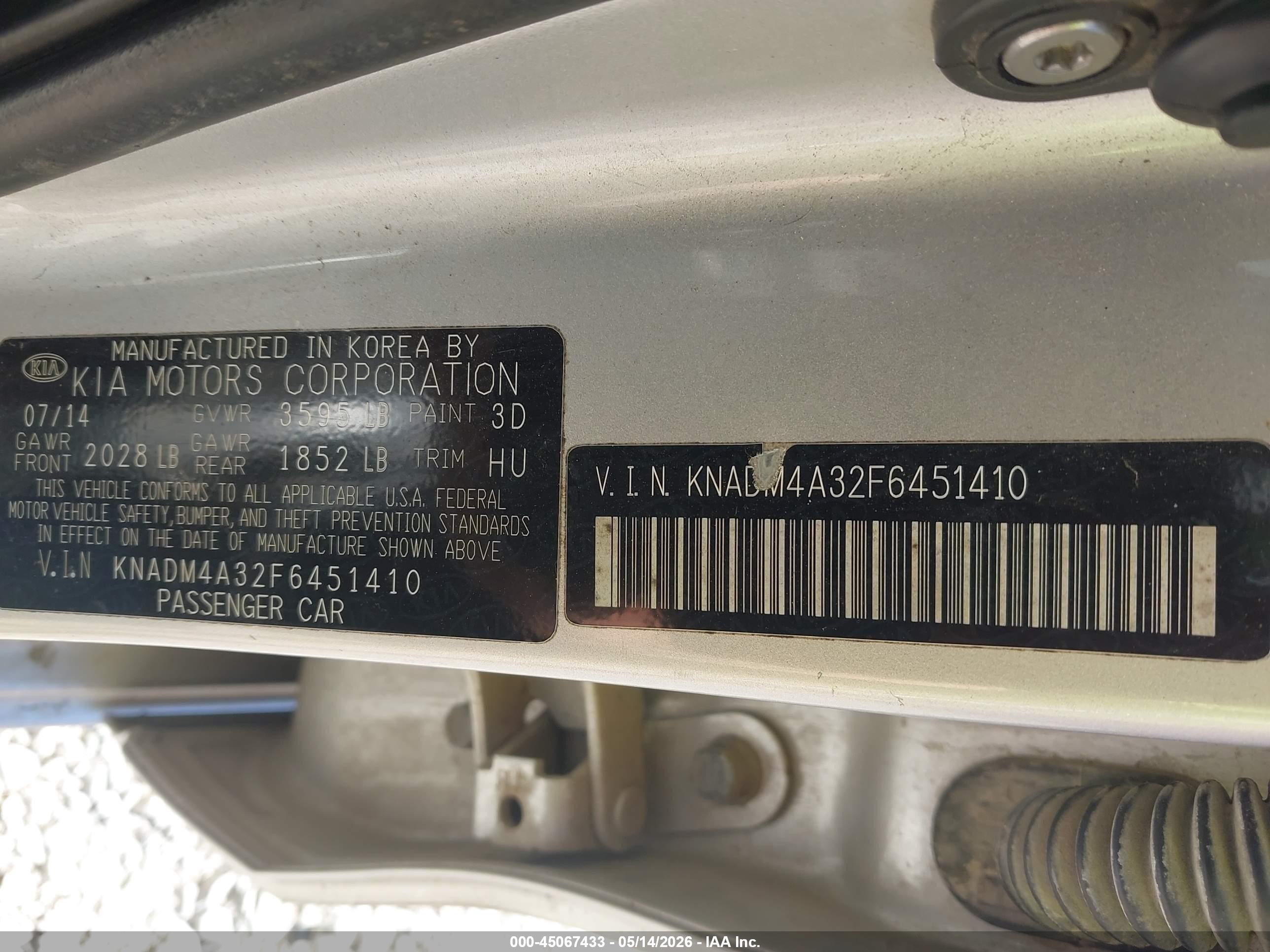 2015 Kia Rio Lx Gray vin: KNADM4A32F6451410