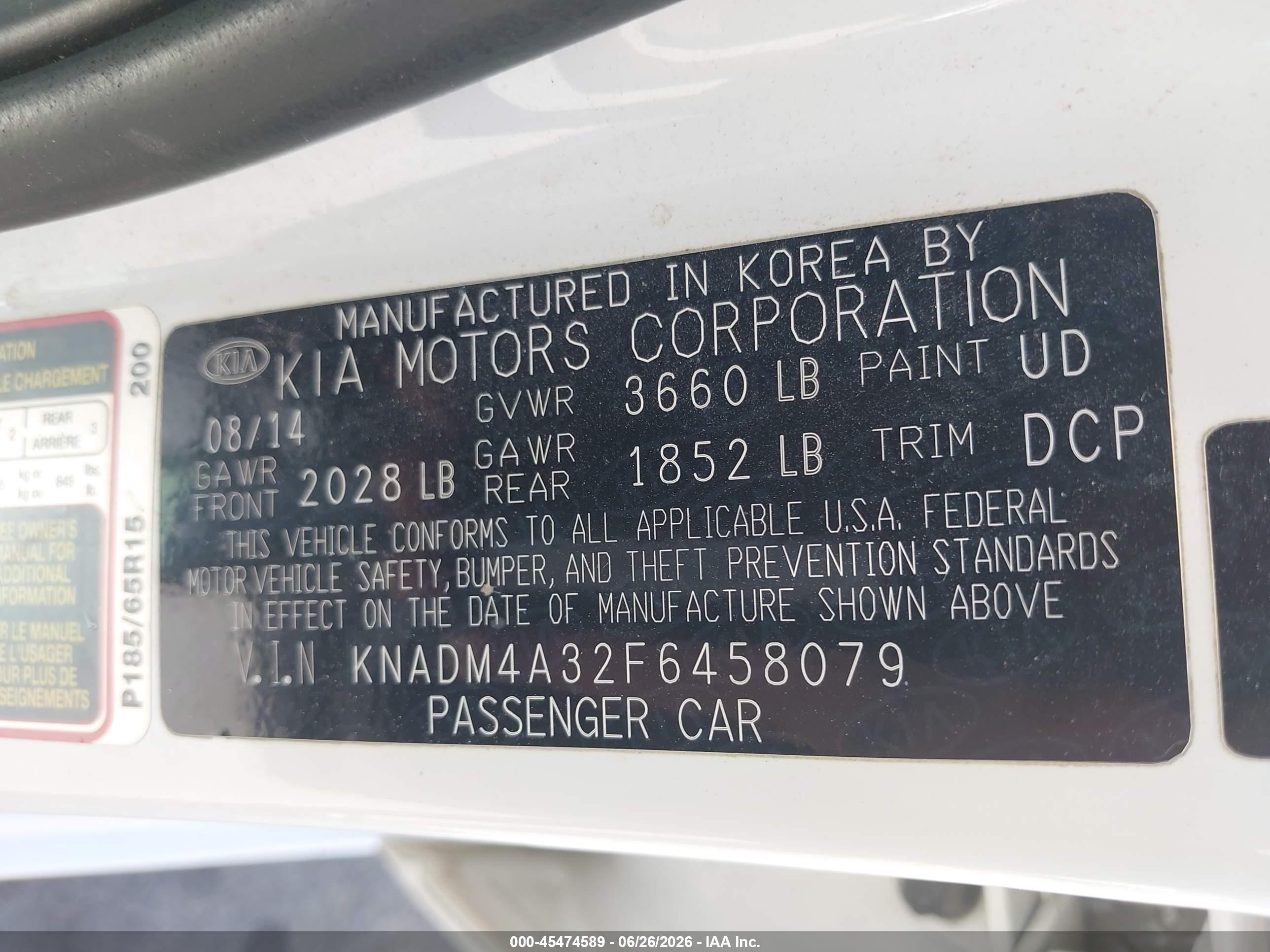 2015 Kia Rio Lx Белый vin: KNADM4A32F6458079