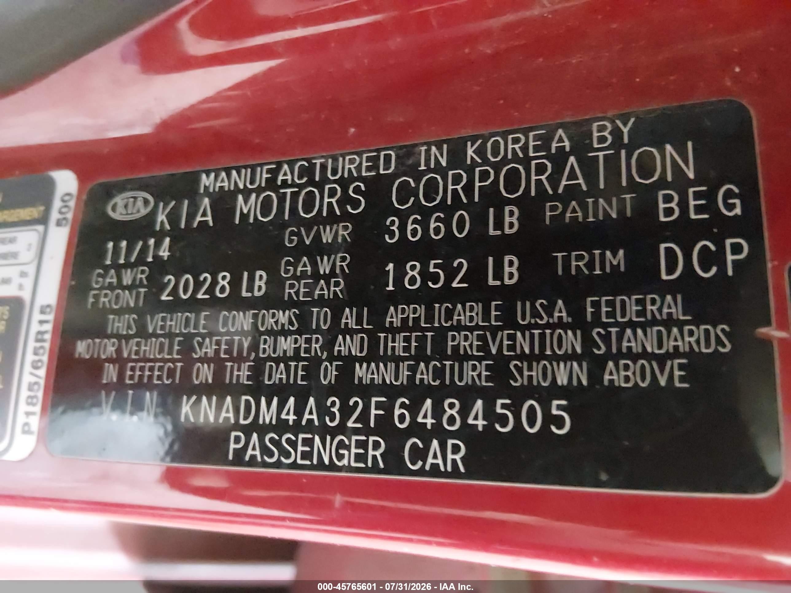 2015 Kia Rio Lx Red vin: KNADM4A32F6484505