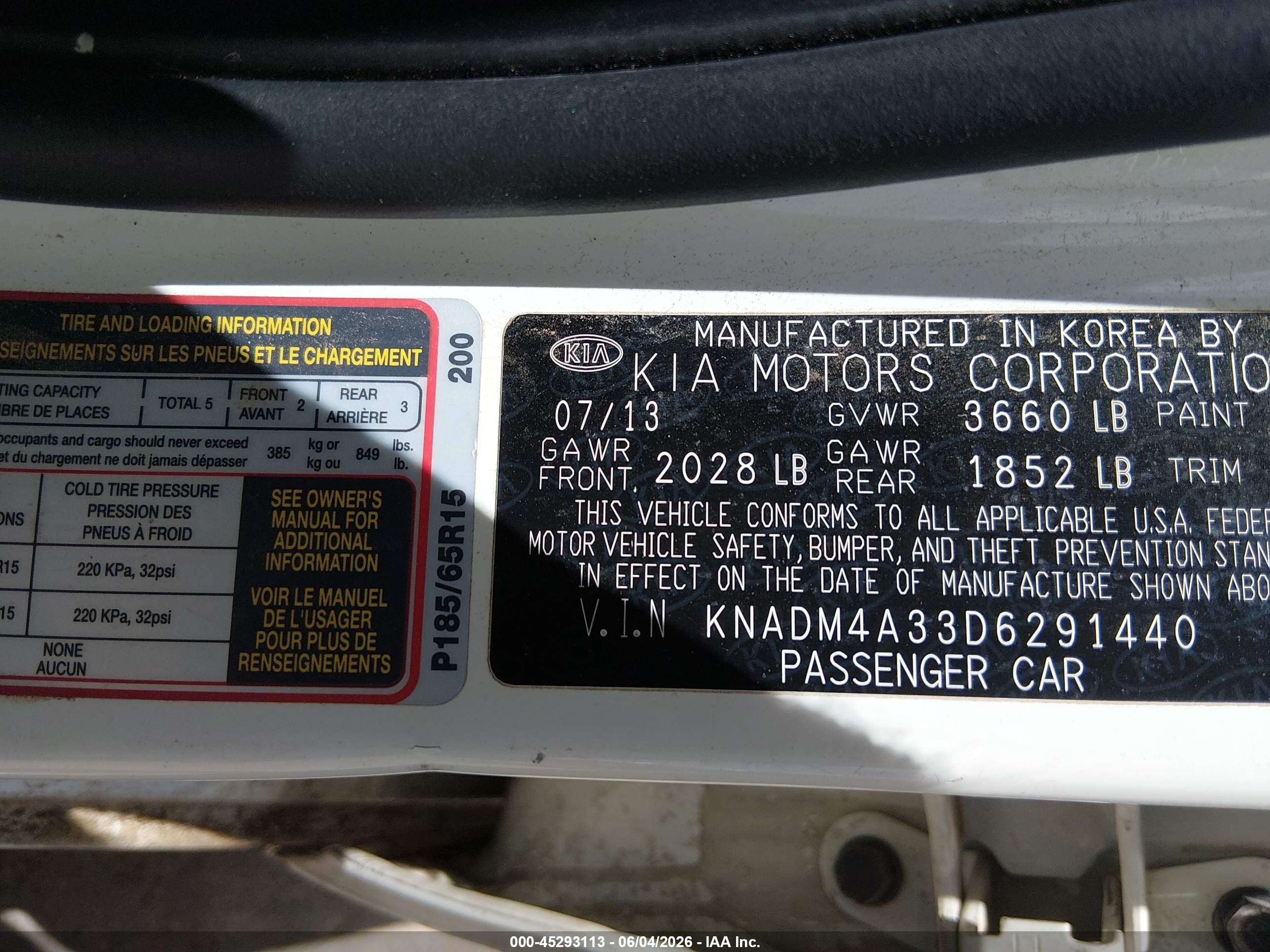 2013 Kia Rio Lx White vin: KNADM4A33D6291440