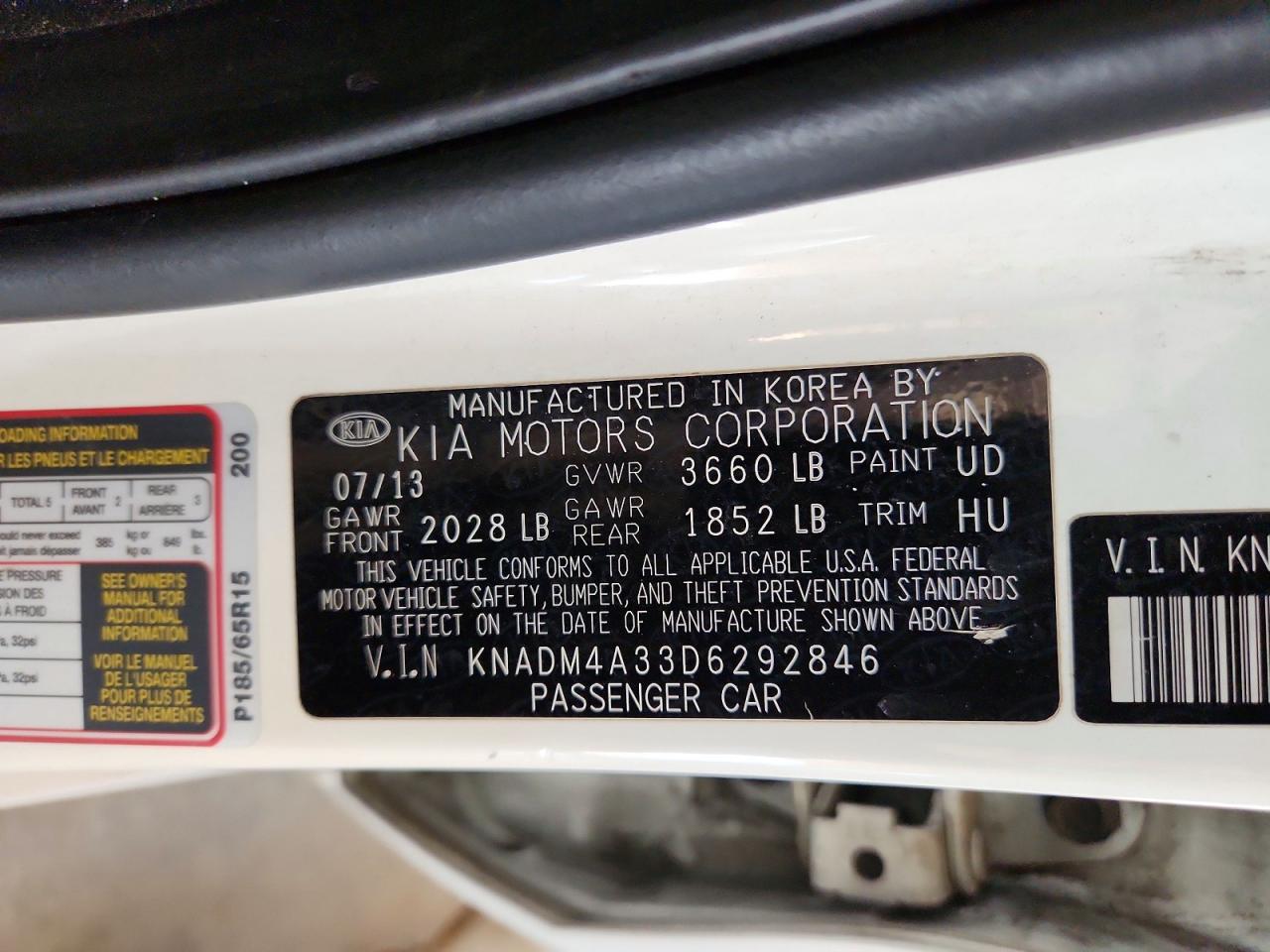 2013 Kia Rio Lx Белый vin: KNADM4A33D6292846