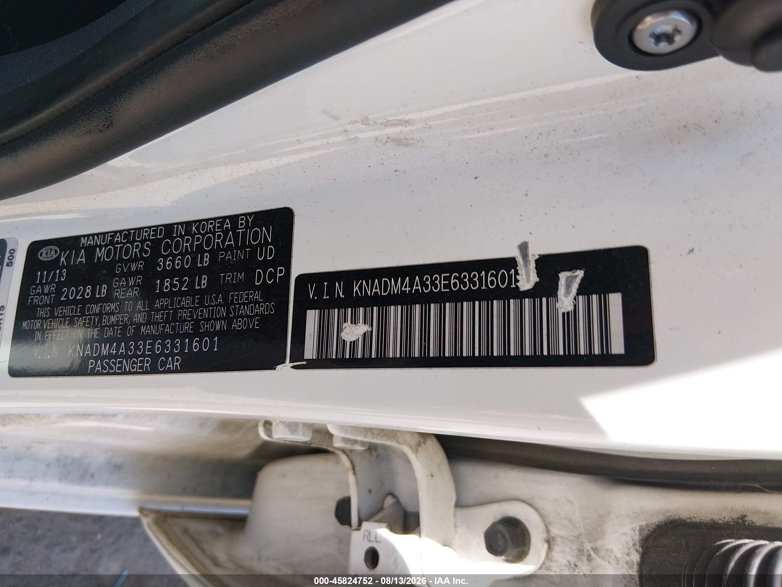 2014 Kia Rio Lx White vin: KNADM4A33E6331601